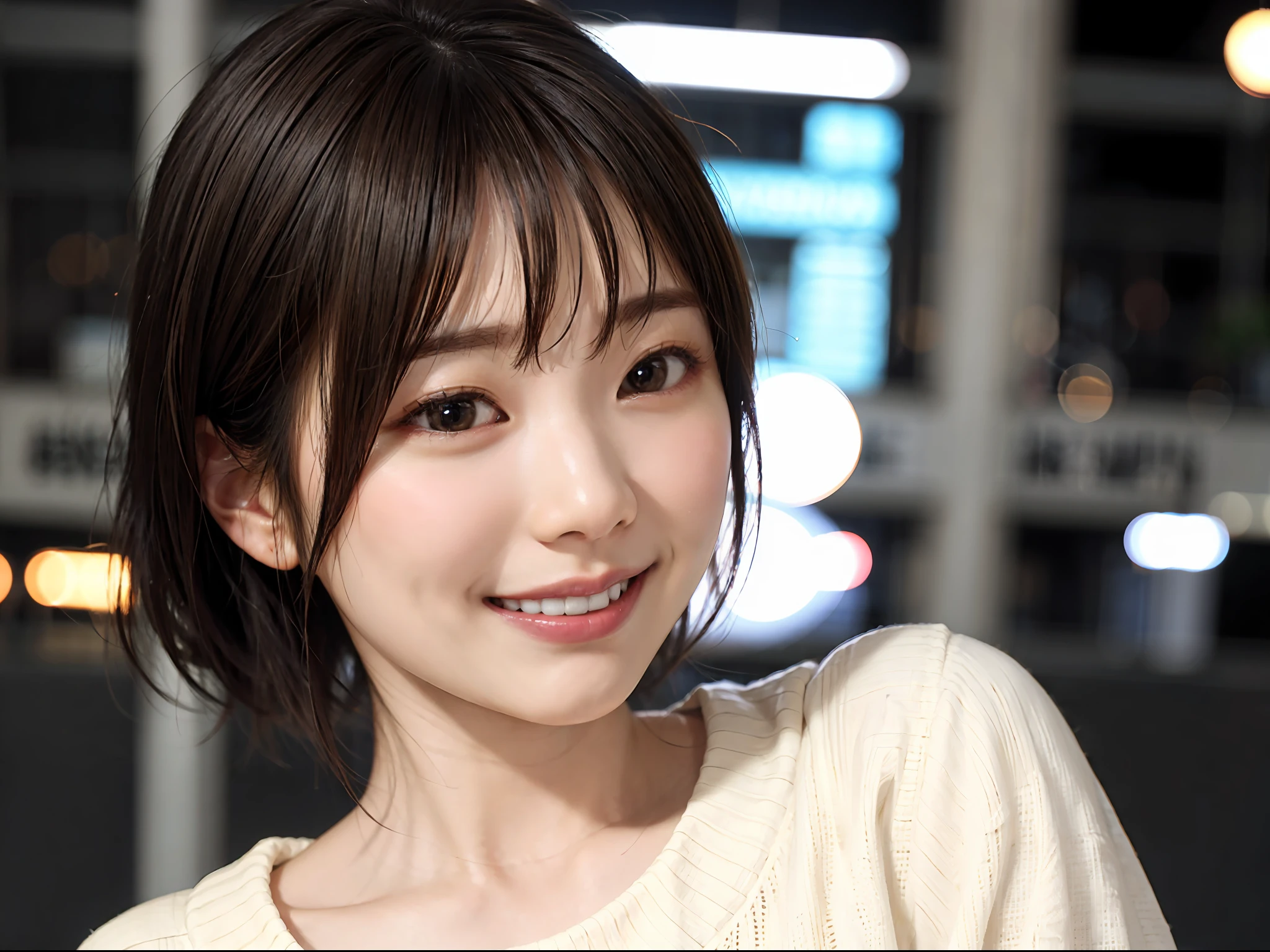 laughter、highest quality, one girl, (beautiful girl:1.3), (18-year-old:1.2), very detailed definition, (symmetrical eyes:1.3), (oversized white tank top:1.3), beautiful breasts, brown eyes, parted bangs, brown hair、(Nipples are noticeable)、smile、white teeth、stripping room、((shortcut、layer cut、shaggy、Hair on my cheeks))、high angle