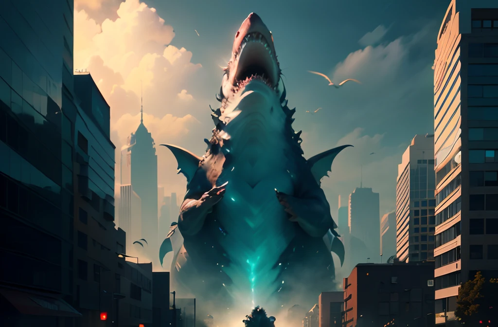 Giant shark monsters roam the city,Destroyed buildings,Runaway humans,disaster,The sense of smallness of human beings,Look up,Cinema lenses,SENSE OF CINEMA,Premium lighting,tmasterpiece,right structure,Epic,Cinematic tones,of a real