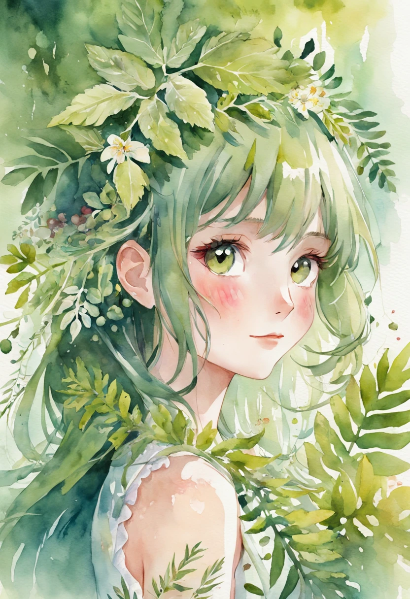 ((ultra - detailed),#3b4195 background,beautiful flowers,berries,fern,foliage,Watercolor pattern in calm colors),(Watercolor texture), ((1girll),(Green dates),(The tree),Cute and lively girl image,aquarelle:1.2),sportrait, Foliage, By bangs, long whitr hair, green-eyed, There is hair between the eyes, Flower earrings,(She wears a garland made of jujube branches on her head),Laughing happily in the trees,Close-up of people,super-fine,(hyper-detailing)