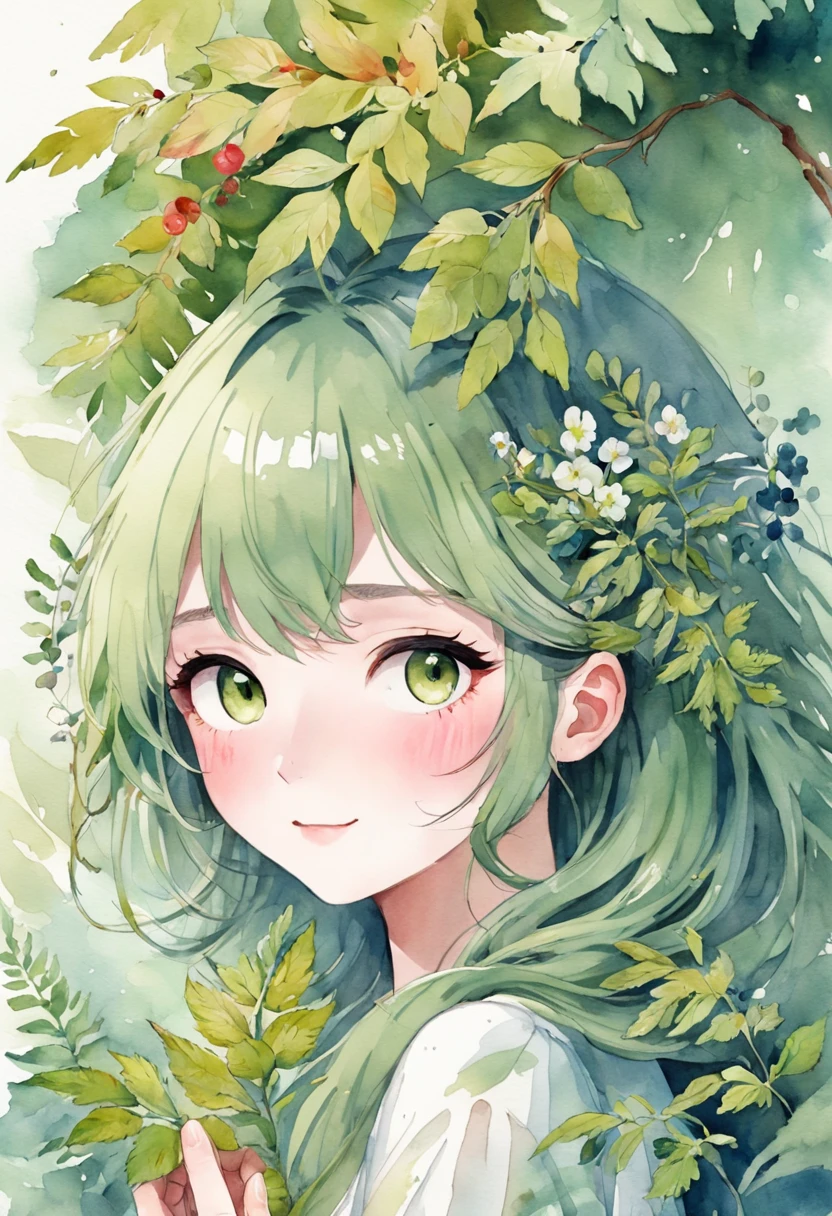 ((ultra - detailed),#3b4195 background,beautiful flowers,berries,fern,foliage,Watercolor pattern in calm colors),(Watercolor texture), ((1girll),(Green dates),(The tree),Cute and lively girl image,aquarelle:1.2),sportrait, Foliage, By bangs, long whitr hair, green-eyed, There is hair between the eyes, Flower earrings,(She wears a garland made of jujube branches on her head),Laughing happily in the trees,Close-up of people,super-fine,(hyper-detailing)