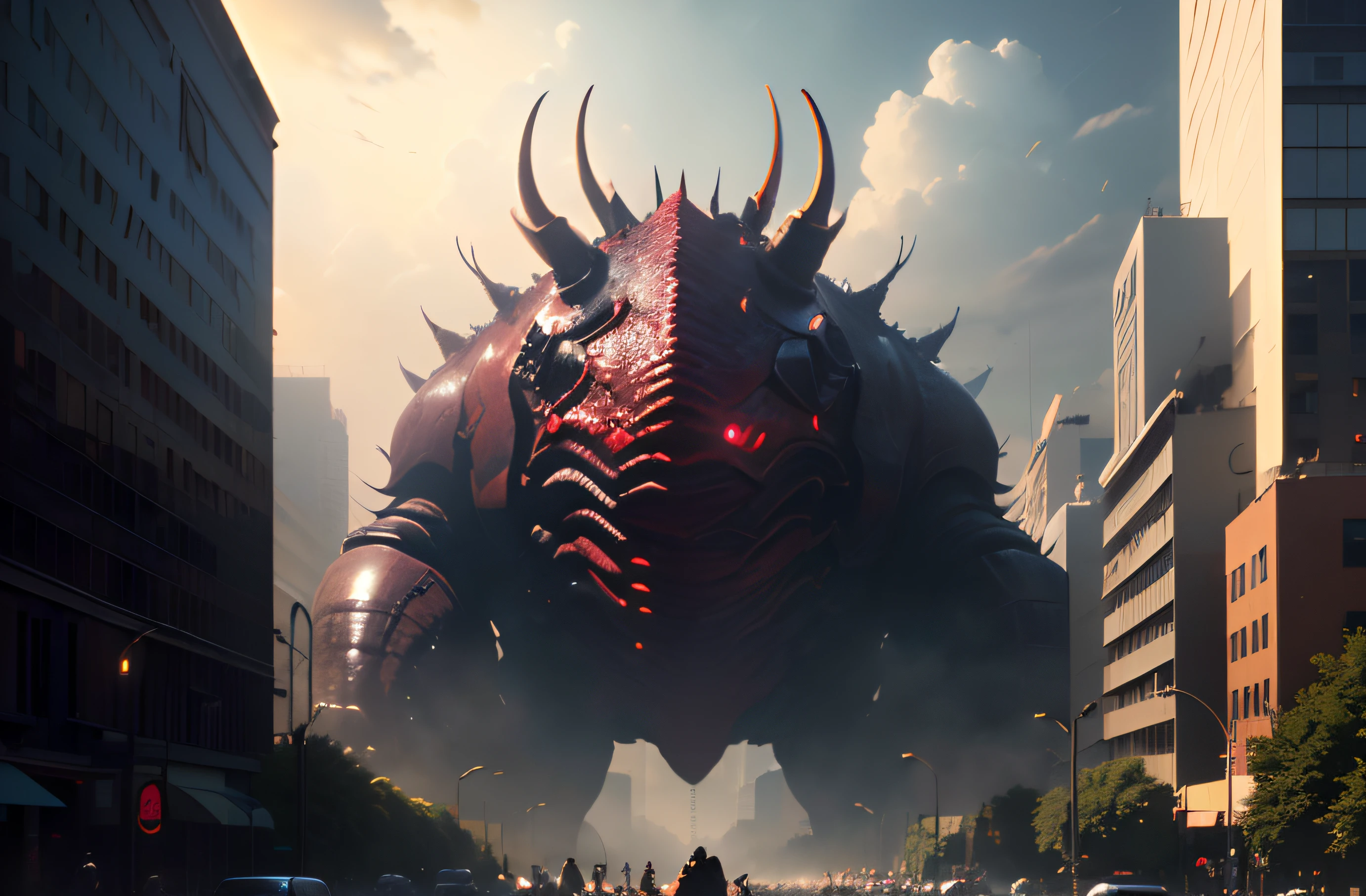 Giant pincer monsters roam the city,Destroyed buildings,Runaway humans,disaster,The sense of smallness of human beings,Look up,Cinema lenses,SENSE OF CINEMA,Premium lighting,tmasterpiece,right structure,Epic,Cinematic tones,of a real