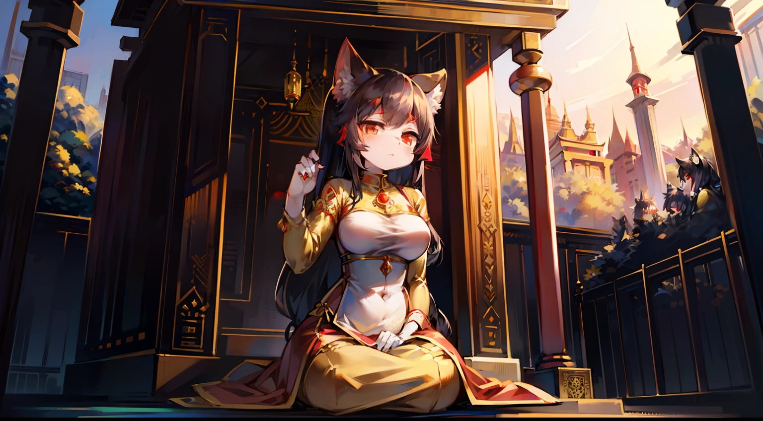 kemono, female, black hair, red eyes, wear thailand classic outfit, golden outfit, Thailand style, Thailand temple background, sitting on lawn, daytime, look at camera