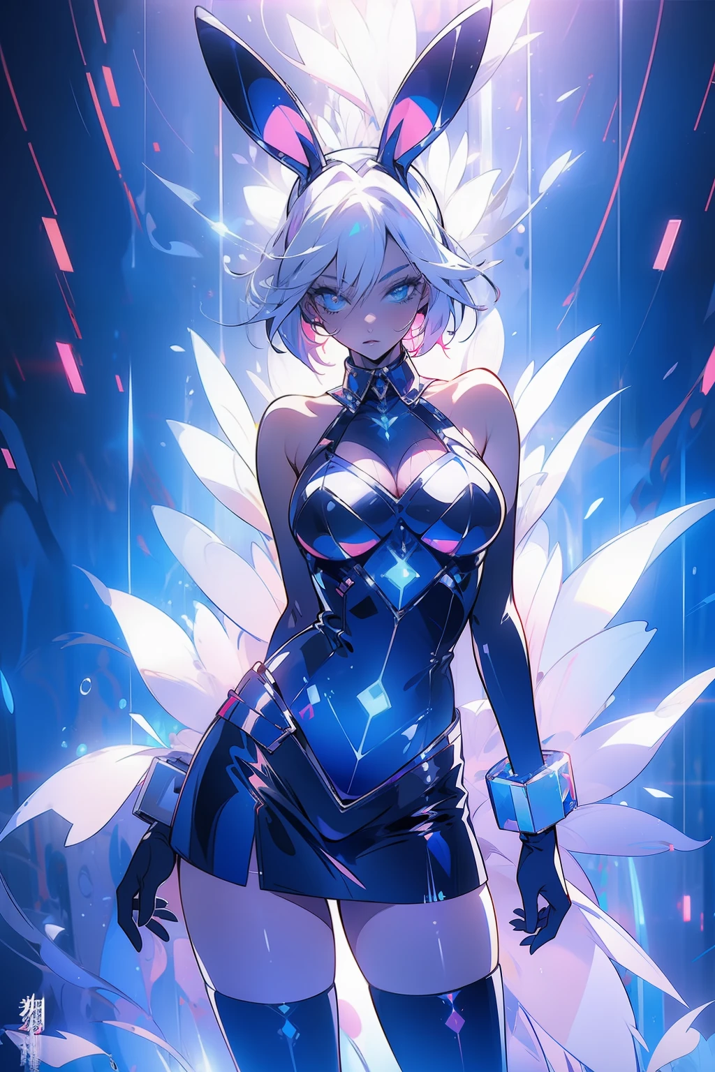 (((edgBunny))),A woman of outstanding figure,Wear a nice miniskirt,Leaking out of both shoulders,jewely,。.。.3D,high definition detail,Amazing work,Vitreous luster,((clean backdrop)),High gloss,blue colors,In pink,cyan colors,red colour