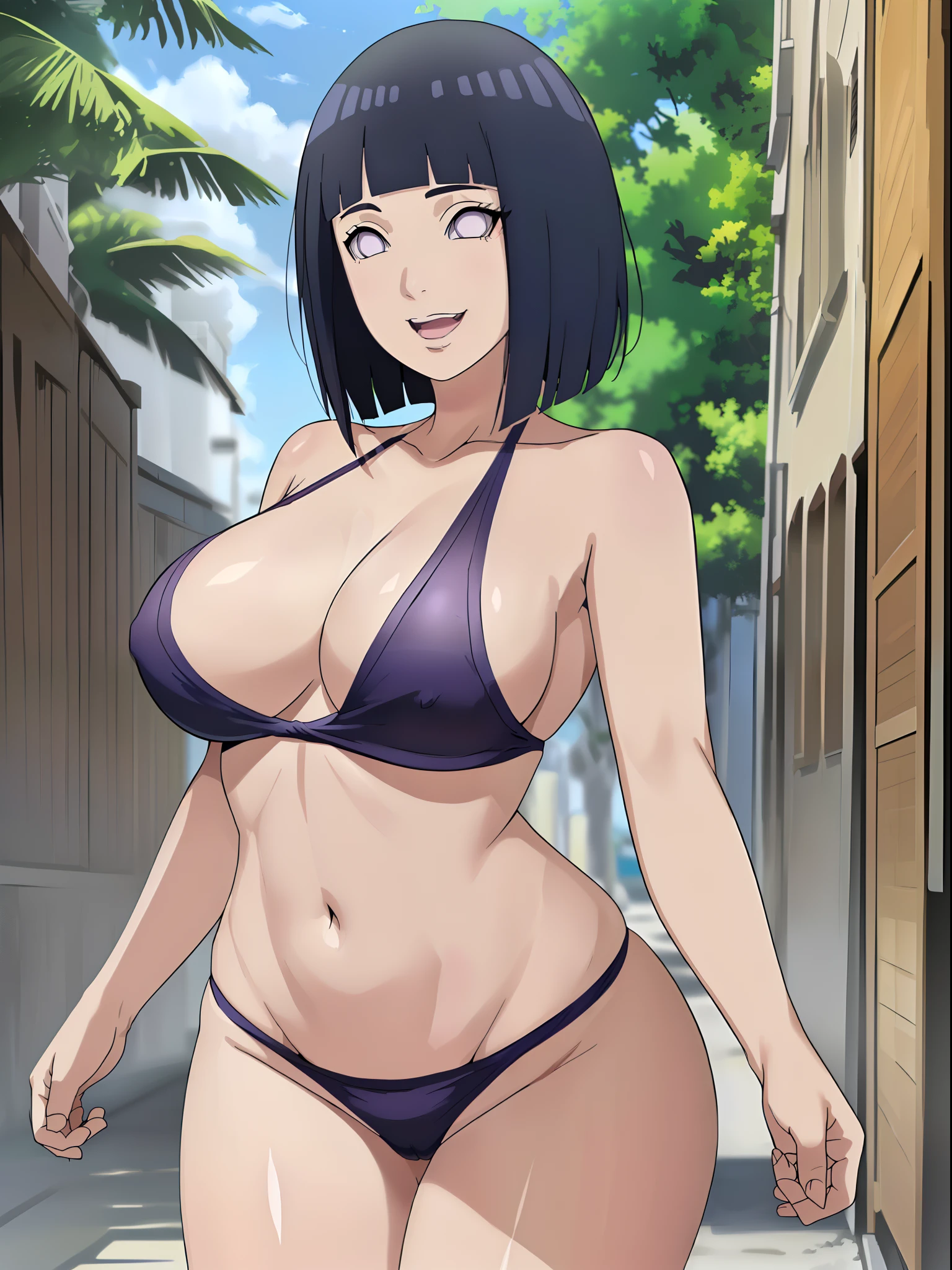 (WALLPAPER,  (hinata\(boruto\), masterpiece, 4k, vector coloring, whole body shot, contrast lighting, mature female, (curvy:0.8), solo, anime style, sharp focus, professional artwork, intricate details, detailed beach background, colorful, vibrant colors, vivid colors, digital blending, ultra detailed body, ultra detail hair, ultra detail face, trending on pixiv, very hot colors, sunny day, outdoor, detailed bold arm lines, high color saturation, bold lines, bold drawing lines),
(standing, open mouth, kind smile, extremely happy, goodbye, sexy pose),
((dark blue hair color:1.1), wavy hair, ((short hair, hime cut)),
(perfect eyes, white sciera, bright eyes, white eyes, anime eyes, smoky eyeliner, eyeshadow)
(white skin, slender body, milf, navel, groin, flat belly, perfect face, perfect thighs),
(Thighs, legs, big breasts, perky boobs, off-shoulders, (groin, detailed shoulders), 
(almost naked, only white clothes, bare chest, bare shoulders, bare hands, bare legs), 
(censored topless)