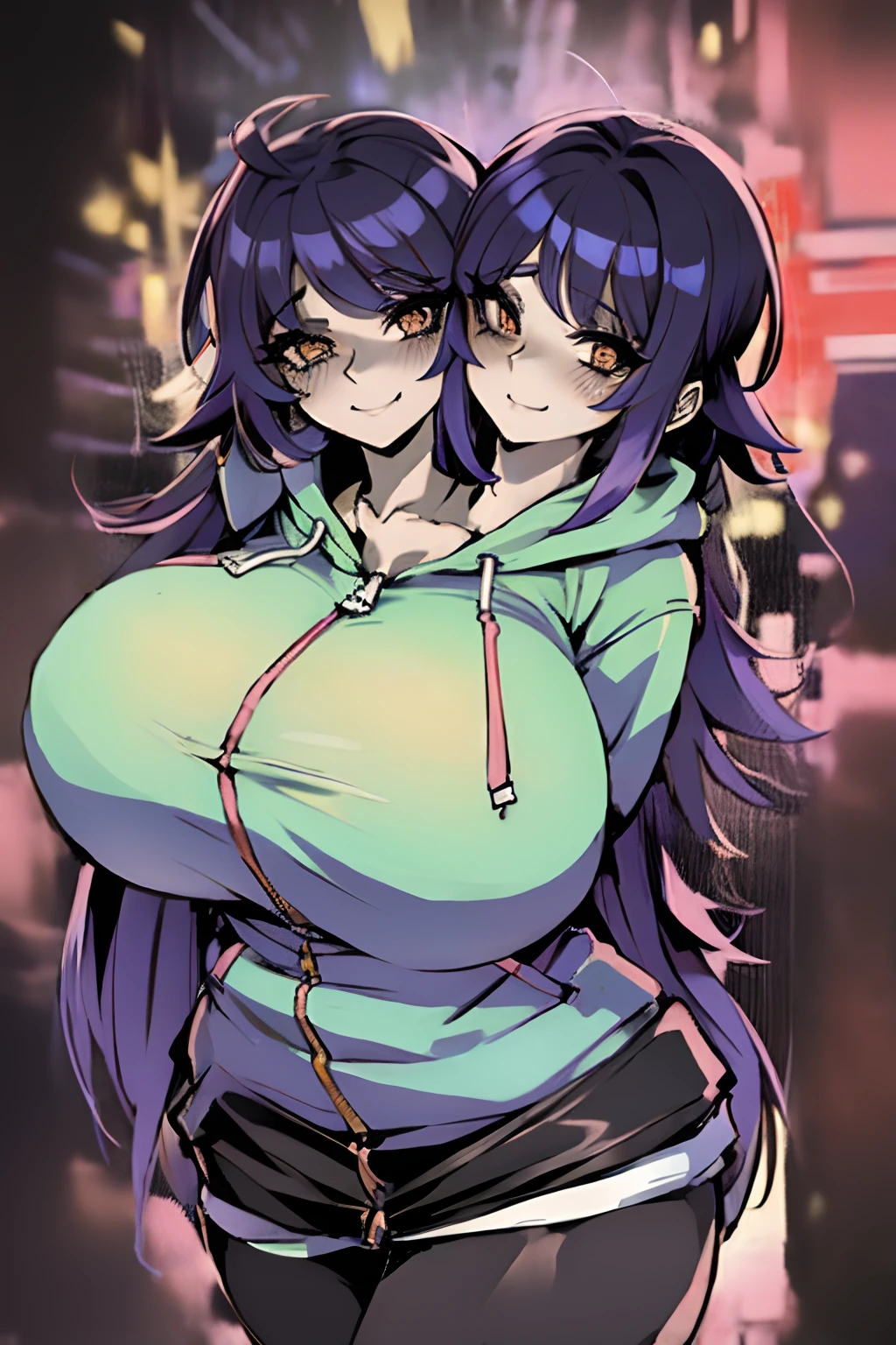 2heads, a short fat woman with 2 heads. She has enormous breasts. She looks aroused and seductive. She is wearing an unzipped colorful hoodie with nothing underneath. She is wearing leggings. She is extremely short and extremely fat. Her breasts are gigantic and fat. Her breasts protrude through her unzipped hoodie. Her hoodie is fully unzipped. Her giant breasts can be seen in her open hoodie. She is in a dark arcade. She is blushing. She has big fat massive breasts. She looks very short and young. She has very big and full lips. She has giant fat boobs. She is dancing. She is smiling.