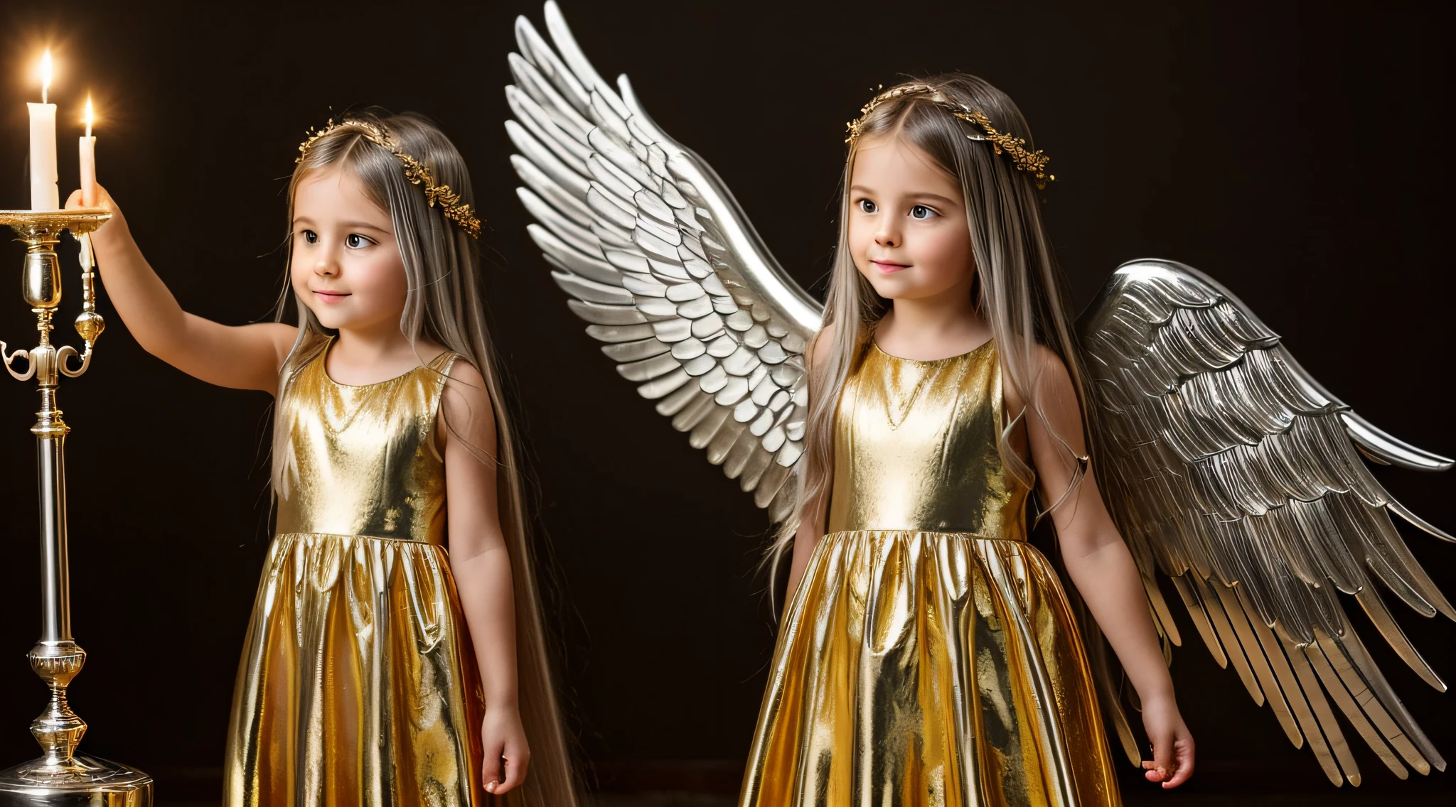 CHILDREN LONG HAIR SILVER GOLDEN ANGEL GIRL with candle accesses in hand.