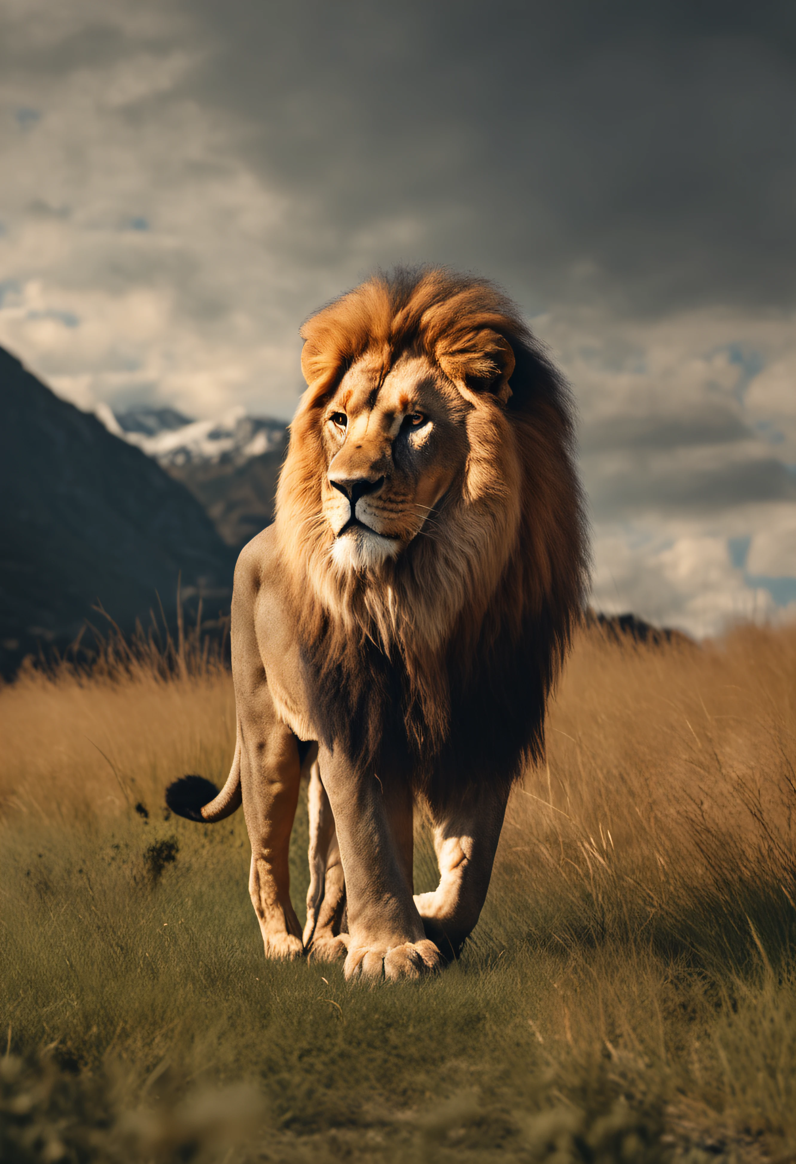 there is a lion walking in the grass with a rock in the background, a picture by derek zabrocki, unsplash, digital art, king of the jungle, with the mane of a lion, prideful look, doing a hot majestic pose, aslan the lion, half lion, 2 d full body lion, proud look, digital art animal photo, lion mane