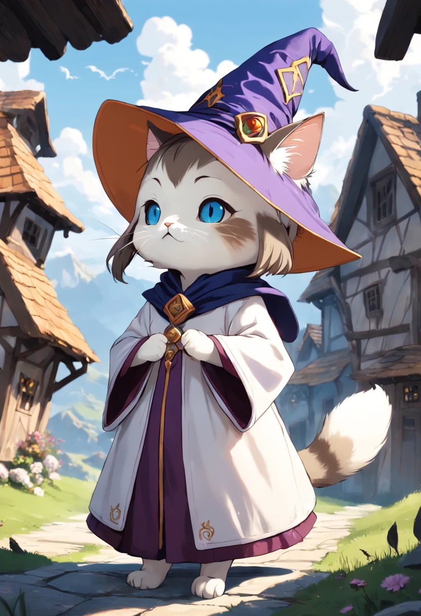 A Munchkin cat in a wizard's outfit conjuring a powerful spell on top of a house in a small medieval village