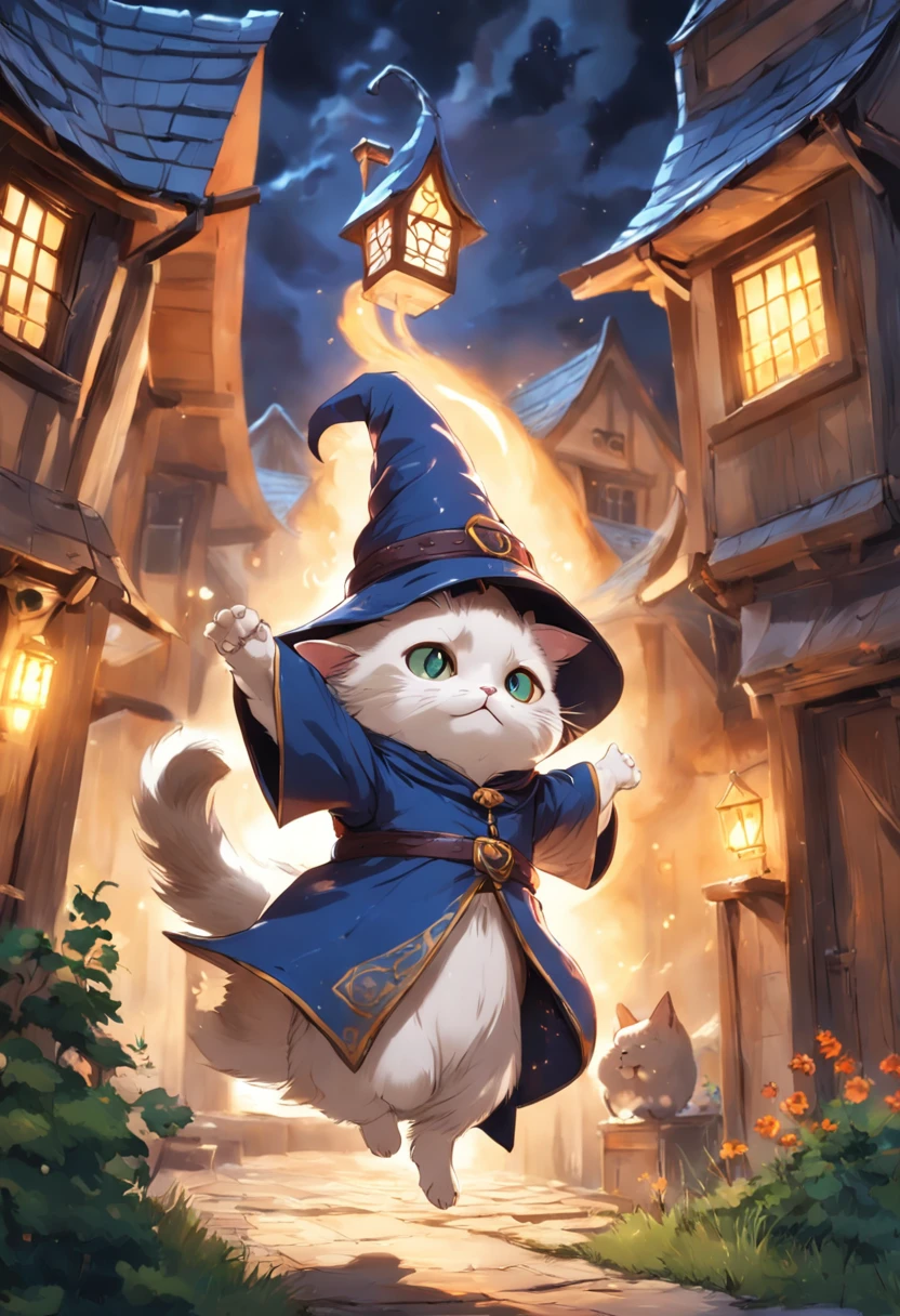 A Munchkin cat in a wizard's outfit conjuring a powerful spell on top of a house in a small medieval village