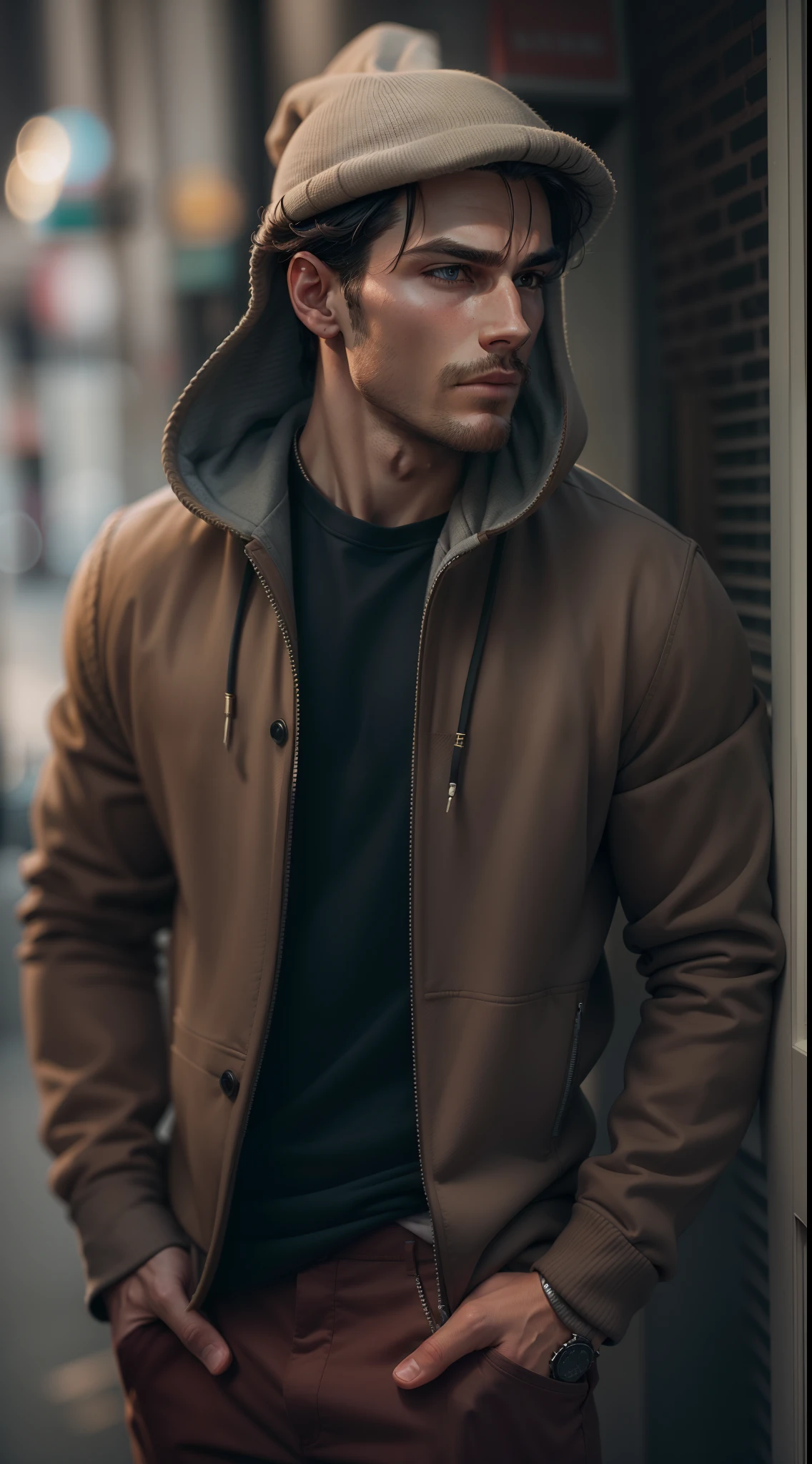 "portrait photo of a man, flawless face, cinematic 50mm, natural light, strong jawline, dapper, stylish, trendy hoody,"