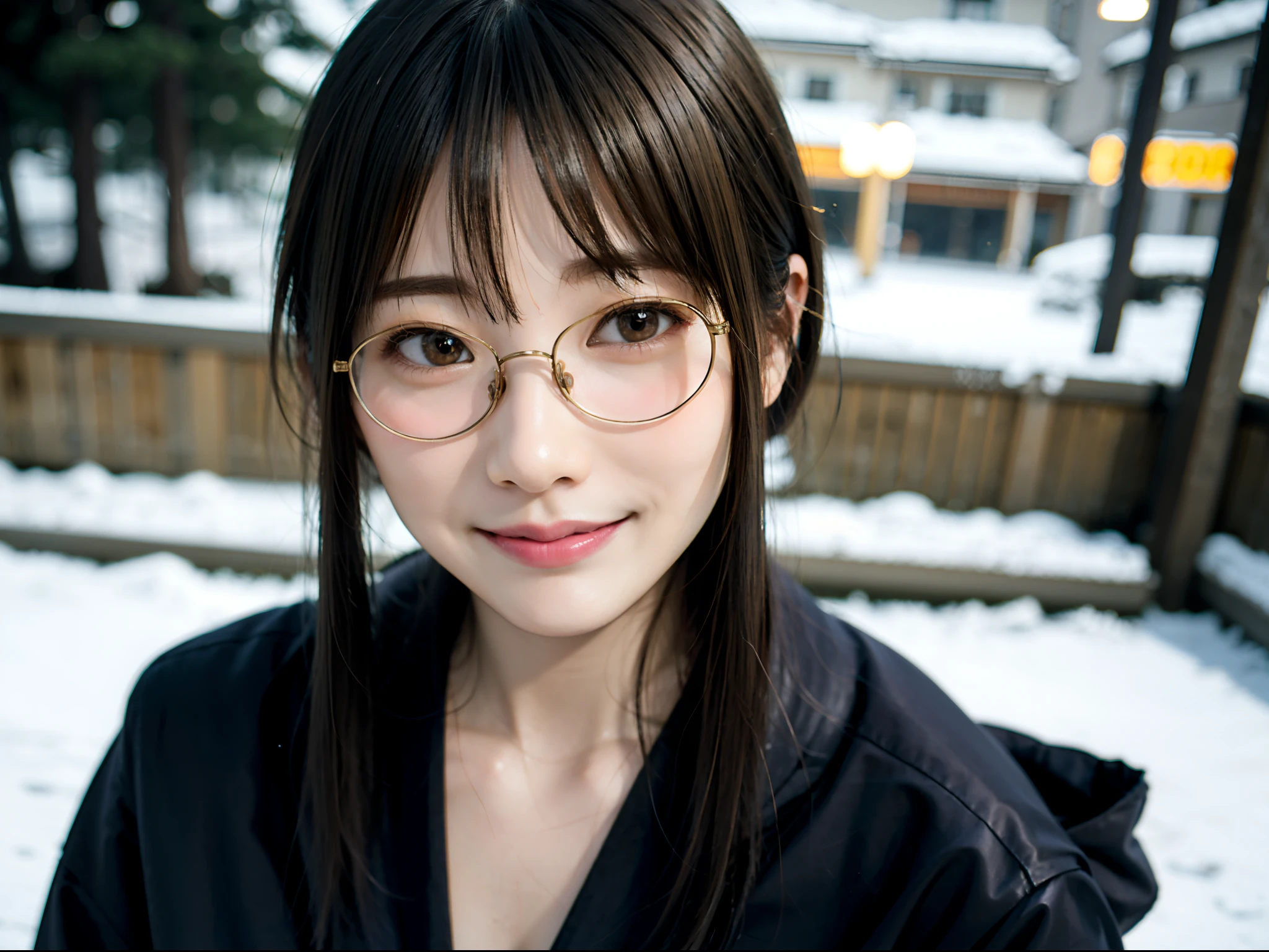 Woman posing in long coat in Japan city in midwinter、top-quality、 1 人、Small chest、tag、with light glowing、blur backgroun、Bokeh、outside of house、(Street:0.8)、Woman with glasses、Glasses with a thin frame、Round lens glasses、Thin golden glasses frame、、Luxury(Short hair、Forehead:1.2)、snowscape、Beautiful sky with details、(dynamicposes:1.2)、 (The upper part of the body:0.5)、Soft lighting、the wind、glowy skin、A smile、Long coat over sweater