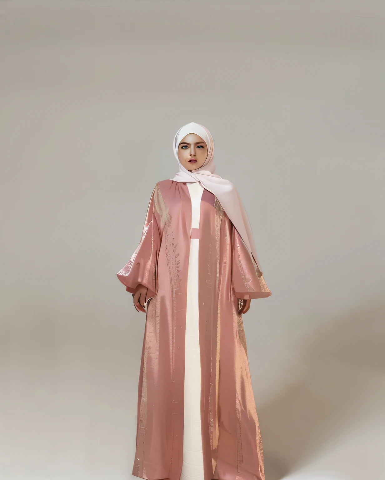 A woman in a pink and white dress and a white turban, desert robe, flowing magical flesh robe, modest flowing gown, Inspired by Nazmi Zia Guran, sleek robes, pale pink and gold kimono, dressed in simple robes, flowing robe, dreamy dress, Inspired by Ayagoda, floating robes, flowing magical robe, wears a long robe, evening formal robes