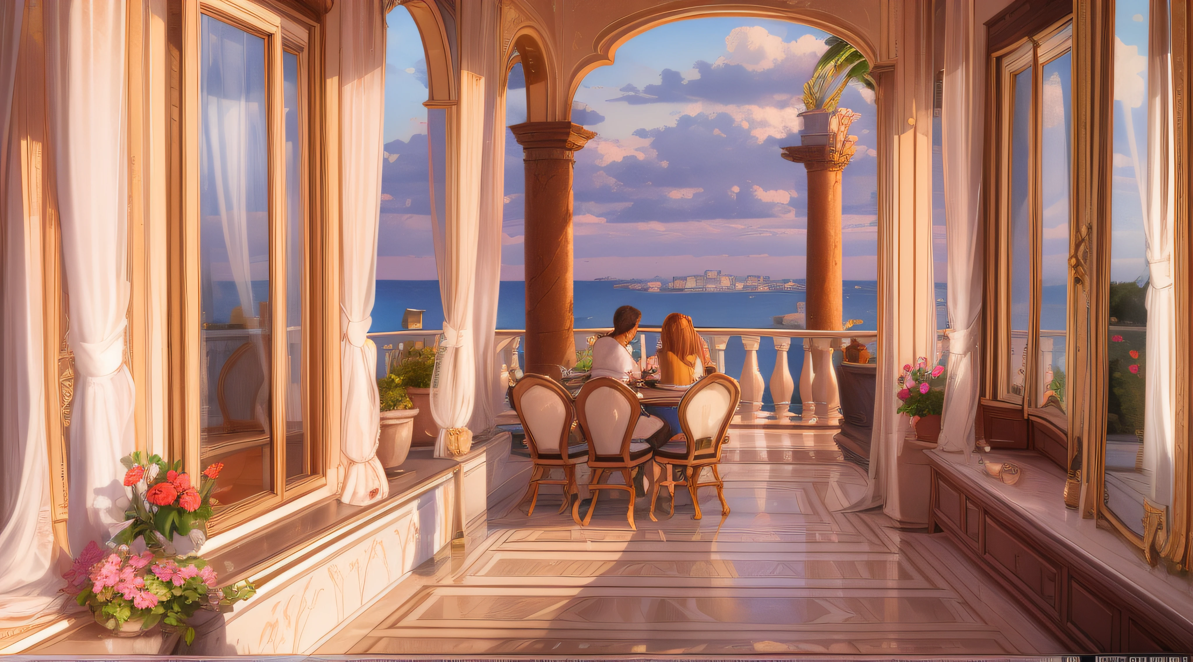 No meio de um oceano vasto, an island houses a rustic mansion. On the balcony of the mansion, A group of people get together to enjoy the afternoon. The climate is mild, with clouds decorating the sky and some stars beginning to appear. A cena irradia alegria e relaxamento, capturando a magia de um momento compartilhado. Capturado por Rafael Silva com uma Sony A7R IV e uma lente 35mm, The lighting combines the soft orange hue of the sunset with the soft light of the balcony