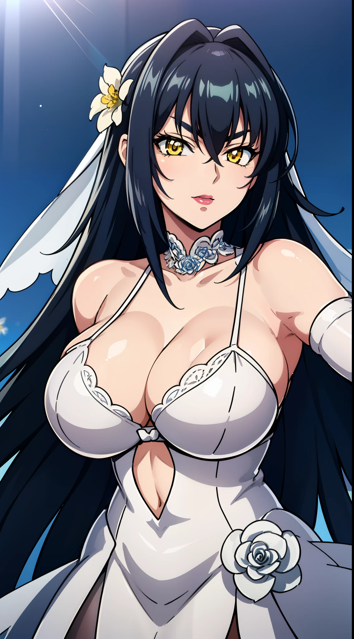 a blue background with stars and snowflakes,
Standing at attention,
wedding dress, yellow and white dress with flowers, cleavage cutout, cleavage ,white_flower,elbow_gloves, flower, gloves,blue_ribbon, blue_rose,
bridal veil, bride,White_lace_pantyhose,
black hair,very long hair, Bangs,yellow eyes,makeup, lipstick,
1 girl, 20yo,mature female,Beautiful Finger,Beautiful long legs,Beautiful body,Beautiful Nose,Beautiful character design, perfect eyes, perfect face,
looking at viewer,
NSFW,official art,extremely detailed CG unity 8k wallpaper, perfect lighting,Colorful, Bright_Front_face_Lighting,
(masterpiece:1.0),(best_quality:1.0), ultra high res,4K,ultra-detailed,
photography, 8K, HDR, highres, absurdres:1.2, Kodak portra 400, film grain, blurry background, bokeh:1.2, lens flare, (vibrant_color:1.2)
(Beautiful,large_Breasts:1.4), (beautiful_face:1.5),(narrow_waist),