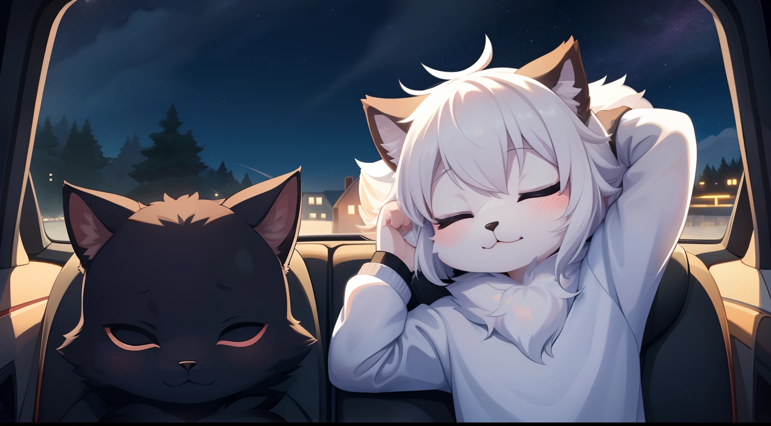 Furry mascot,Lovely image,A black cat,ember, Cute little animals fluffy,Furry Fur,Cute little animals,Fluffy tail,White hair,Sitting alone in the car,Reclining in a chair,View from the car window,High speed on,full of lights,Cubs,is in night,nigh sky, stars,Close-up of cute characters,eye closeds,Sleepy,Put your hands behind your head