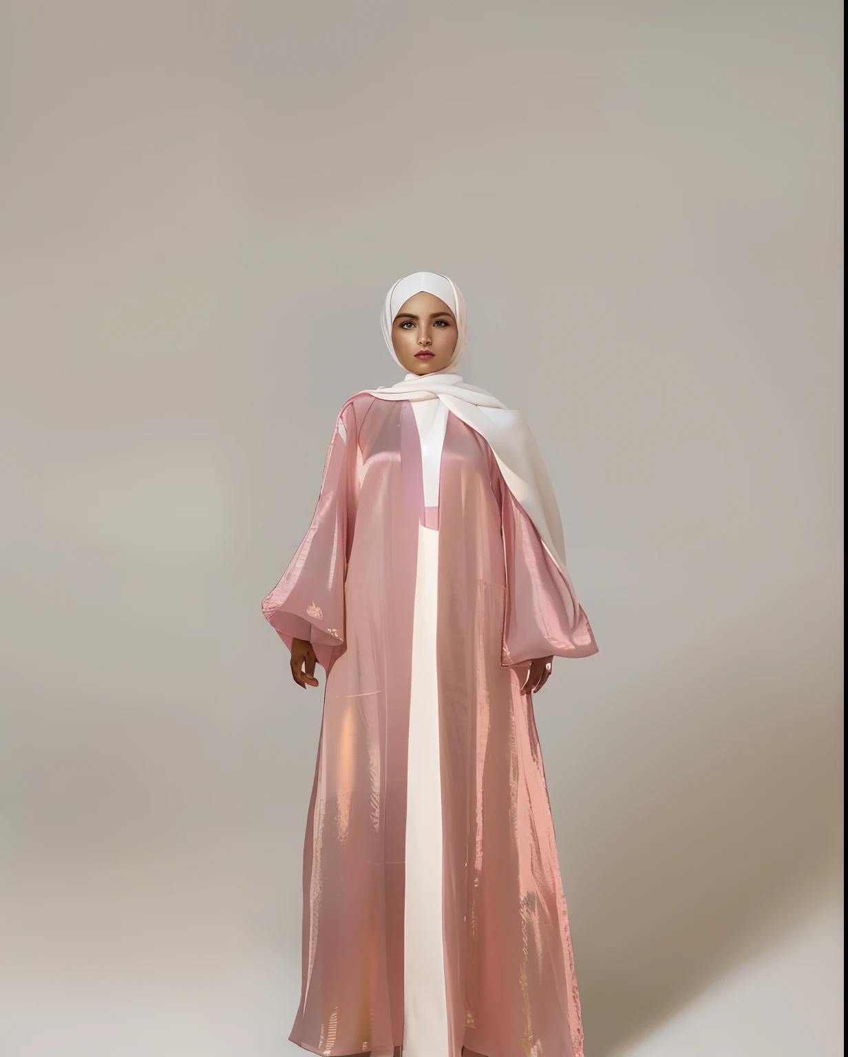 A woman in a pink and white dress and a white turban, desert robe, flowing magical flesh robe, modest flowing gown, Inspired by Nazmi Zia Guran, sleek robes, pale pink and gold kimono, dressed in simple robes, flowing robe, dreamy dress, Inspired by Ayagoda, floating robes, flowing magical robe, wears a long robe, evening formal robes