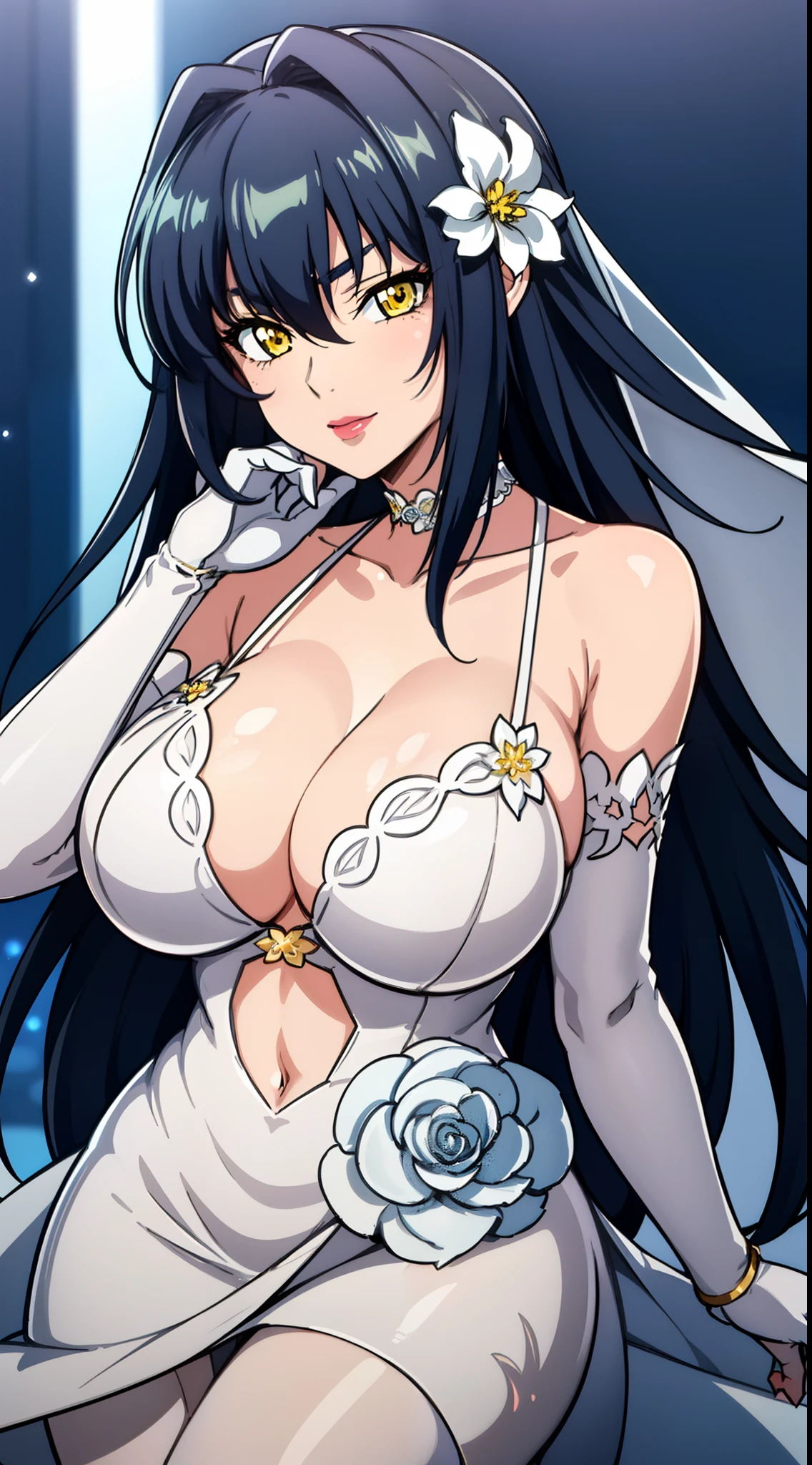 a blue background with stars and snowflakes,
Standing at attention,
wedding dress, yellow and white dress with flowers, cleavage cutout, cleavage ,white_flower,elbow_gloves, flower, gloves,blue_ribbon, blue_rose,
bridal veil, bride,White_lace_pantyhose,
black hair,very long hair, Bangs,yellow eyes,makeup, lipstick,
1 girl, 20yo,mature female,Beautiful Finger,Beautiful long legs,Beautiful body,Beautiful Nose,Beautiful character design, perfect eyes, perfect face,
looking at viewer,
NSFW,official art,extremely detailed CG unity 8k wallpaper, perfect lighting,Colorful, Bright_Front_face_Lighting,
(masterpiece:1.0),(best_quality:1.0), ultra high res,4K,ultra-detailed,
photography, 8K, HDR, highres, absurdres:1.2, Kodak portra 400, film grain, blurry background, bokeh:1.2, lens flare, (vibrant_color:1.2)
(Beautiful,large_Breasts:1.4), (beautiful_face:1.5),(narrow_waist),