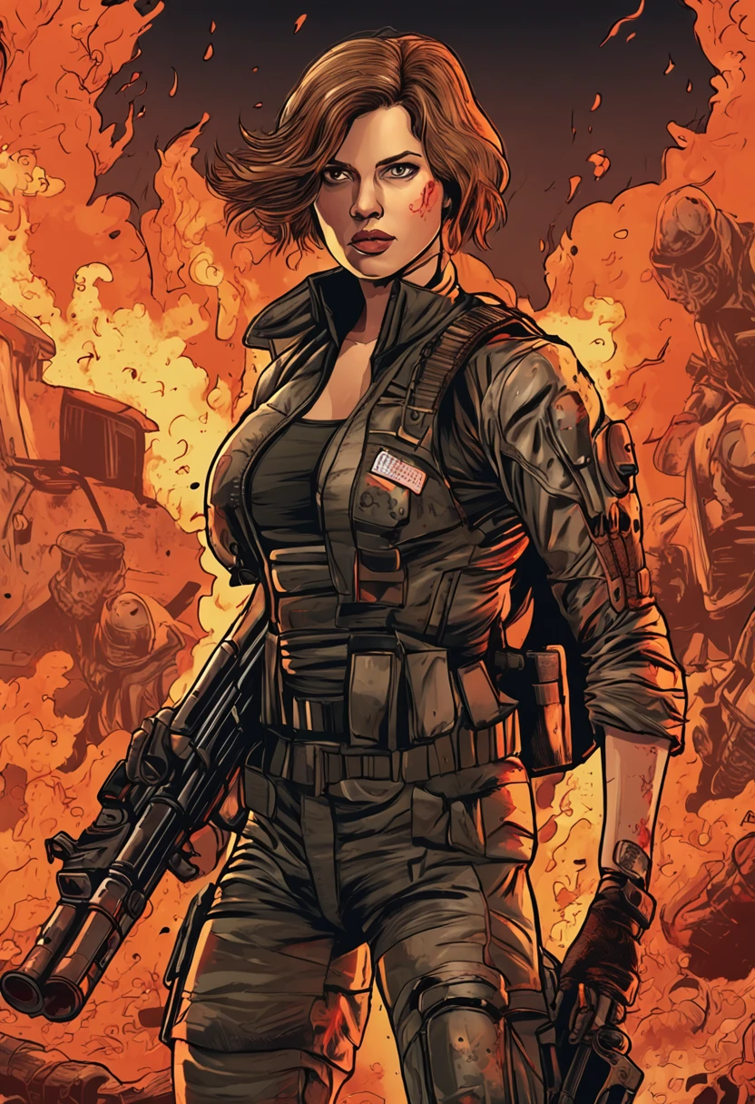 "Resident Evil-themed artwork featuring a fierce woman wielding a gatling gun, clad in heavy armor, amidst a backdrop of blazing flames."