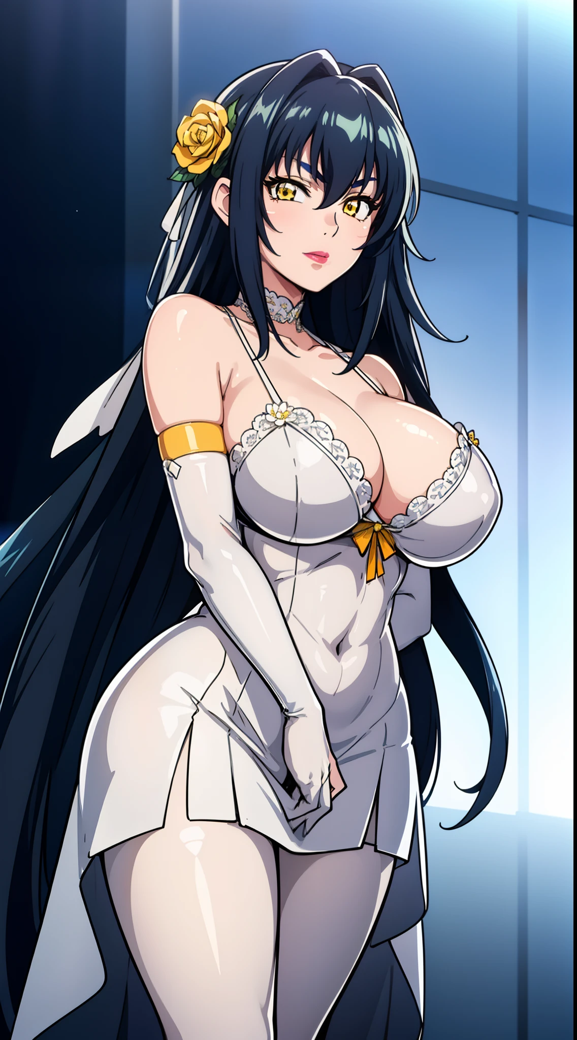 a blue background with stars and snowflakes,
Standing at attention,
wedding dress, yellow and white dress with flowers, cleavage cutout, cleavage ,white_flower,elbow_gloves, flower, gloves,blue_ribbon, blue_rose,
bridal veil, bride,White_lace_pantyhose,
black hair,very long hair, Bangs,yellow eyes,makeup, lipstick,
1 girl, 20yo,mature female,Beautiful Finger,Beautiful long legs,Beautiful body,Beautiful Nose,Beautiful character design, perfect eyes, perfect face,
looking at viewer,
NSFW,official art,extremely detailed CG unity 8k wallpaper, perfect lighting,Colorful, Bright_Front_face_Lighting,
(masterpiece:1.0),(best_quality:1.0), ultra high res,4K,ultra-detailed,
photography, 8K, HDR, highres, absurdres:1.2, Kodak portra 400, film grain, blurry background, bokeh:1.2, lens flare, (vibrant_color:1.2)
(Beautiful,large_Breasts:1.4), (beautiful_face:1.5),(narrow_waist),