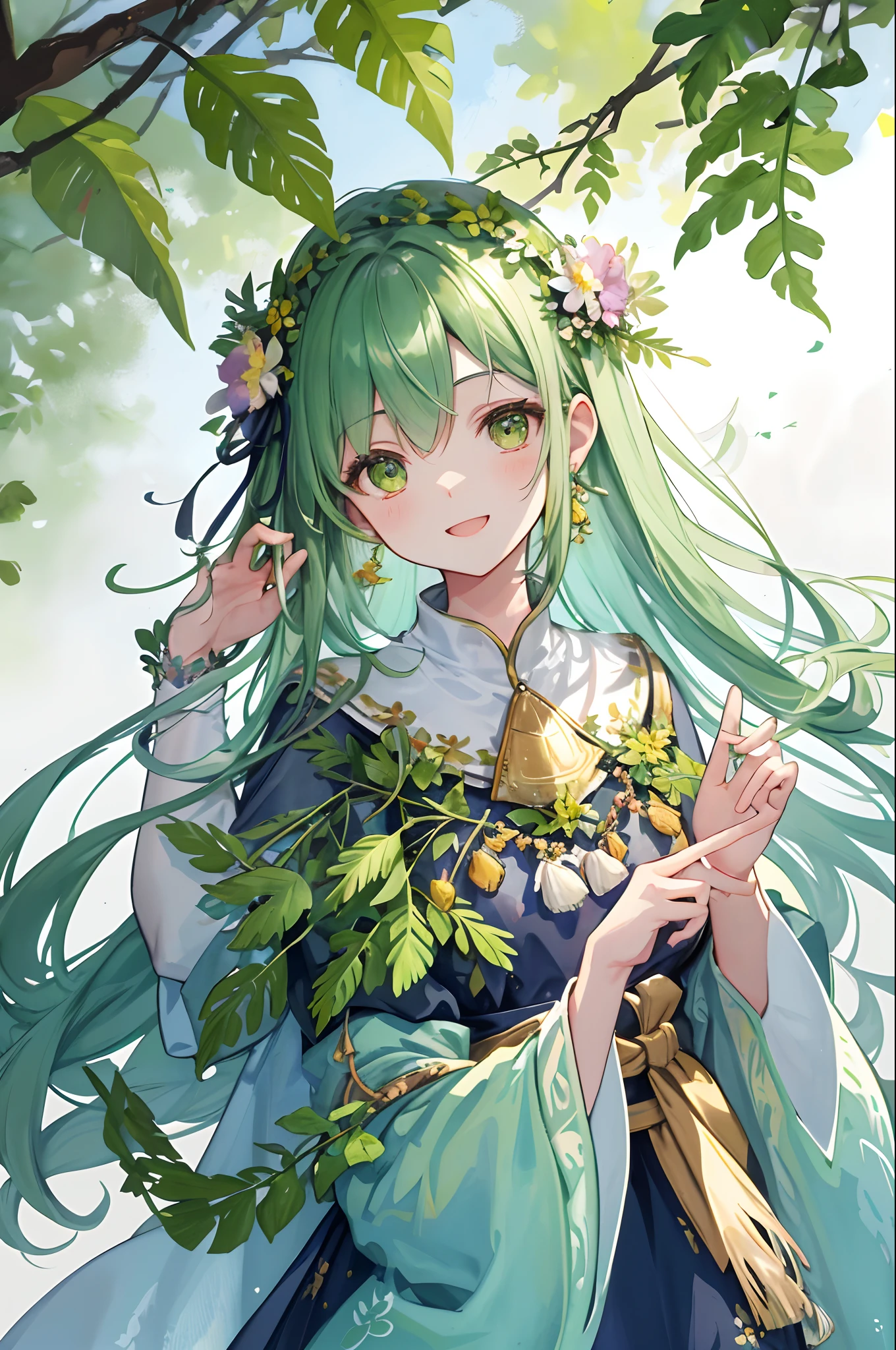 ((ultra - detailed),#3b4195 background,beautiful flowers,berries,fern,foliage,Watercolor pattern in calm colors),(Watercolor texture), ((1girll),(Green dates),(The tree),Cute and lively girl image,aquarelle:1.2),sportrait, Foliage, By bangs, long whitr hair, green-eyed, There is hair between the eyes, Flower earrings,(She wears a garland made of jujube branches on her head),Laughing happily in the trees,Close-up of people,super-fine,(hyper-detailing)
