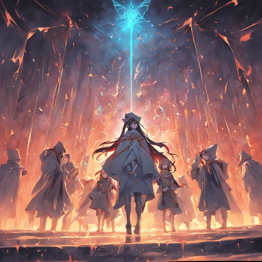 (Seven people,Seven powerful wizards,French formation:1.5),The long, flowing beard and a pointed hat stands in a dark, palaces. The wizard raised his hands,Chanting,Faraway view