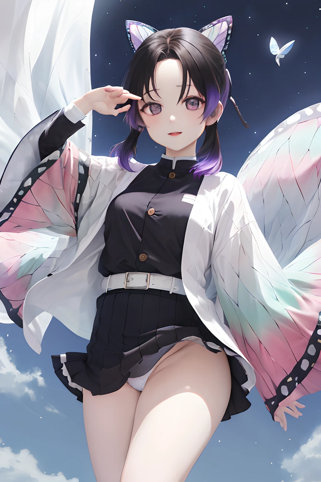 masterpiece, top-quality, Hi-Res, 1girl, 独奏, kochou shinobu, butterfly hair ornament, a purple eye, O cabelo multicolorido, shorth hair, partedbangs, Black skirt, Skirt blown by the wind,Black jacket, long-sleeve, a belt are flying,Fly in the night sky,Perspective at your feet,Soft thighs,White panties,Mansuji,Pee