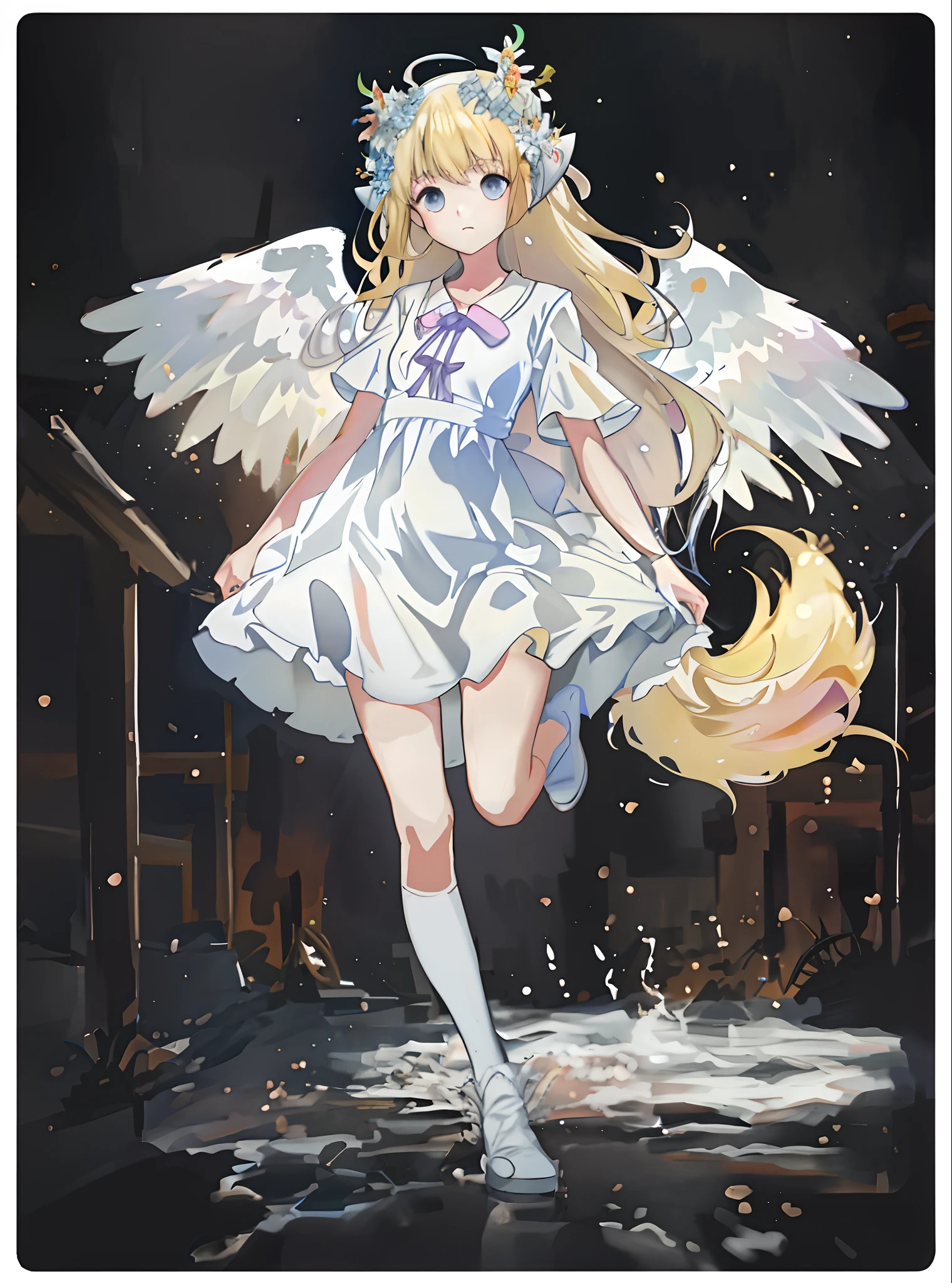 Anime girl with angel wings and a basket of fire, Splash art anime Loli, of an beautiful angel girl, angel girl, pixiv contest winner, full - body majestic angel, Digital art on Pixiv, Best Rated on pixiv, zerochan art, trending on artstation pixiv, possibly an angel, trending on pixiv, loli in dress