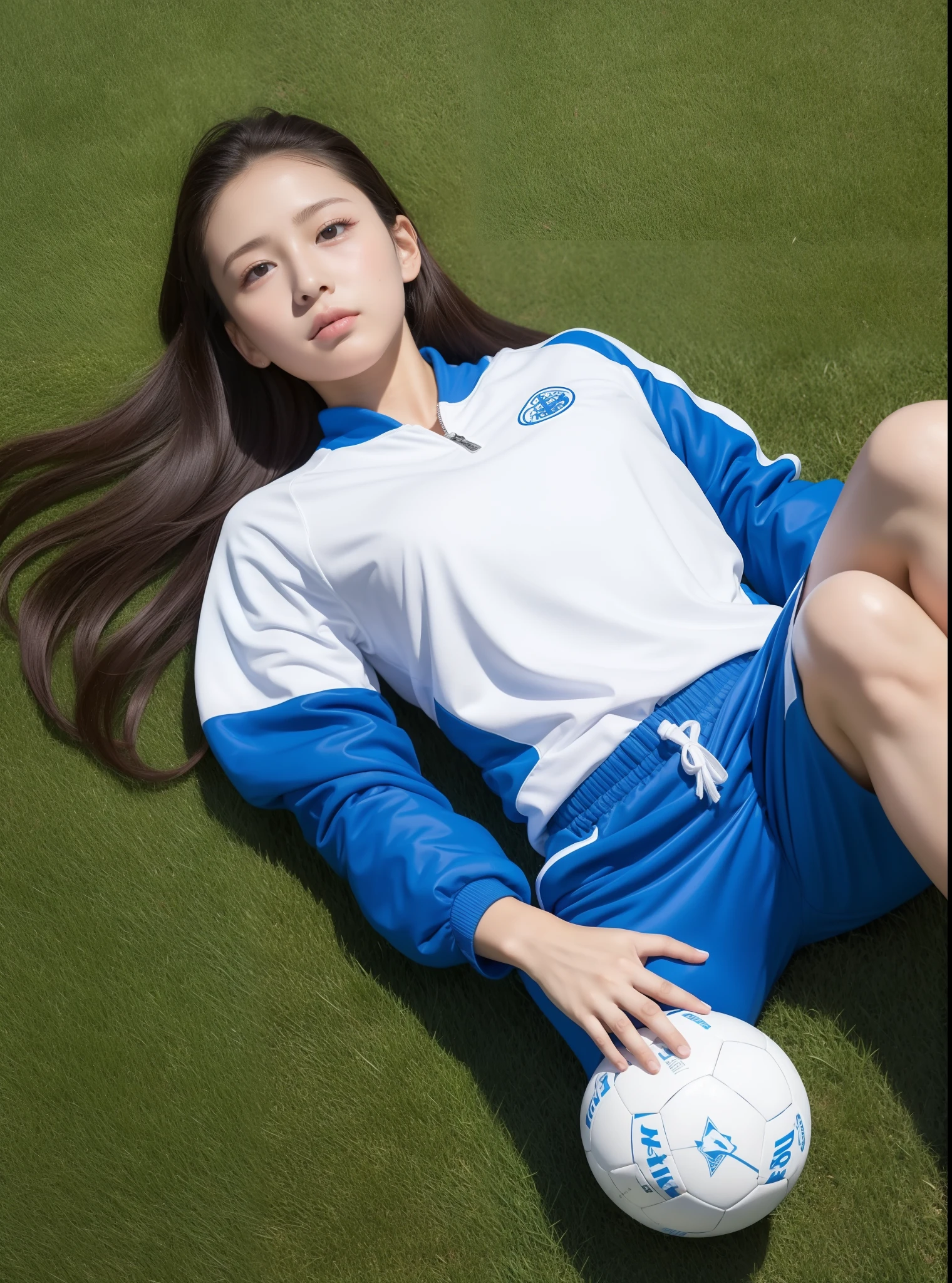 1 very beautiful female middle school student，Wear blue and white tracksuits，Lying on the football field and playing with the ball，（Lie on the grass:1.2），Super high value，perfect body figure，beautiful hairl，Delicate hair，Fair face and skin，Beads of sweat hang，Have fun on the playground，Breasts are full and huge:1.5，Chest hyperexcion，（The tracksuit on the chest is high and bulging, Tightness and bulging:1.5），Delicate fair and soft toes，White and delicate fingers，fully body photo