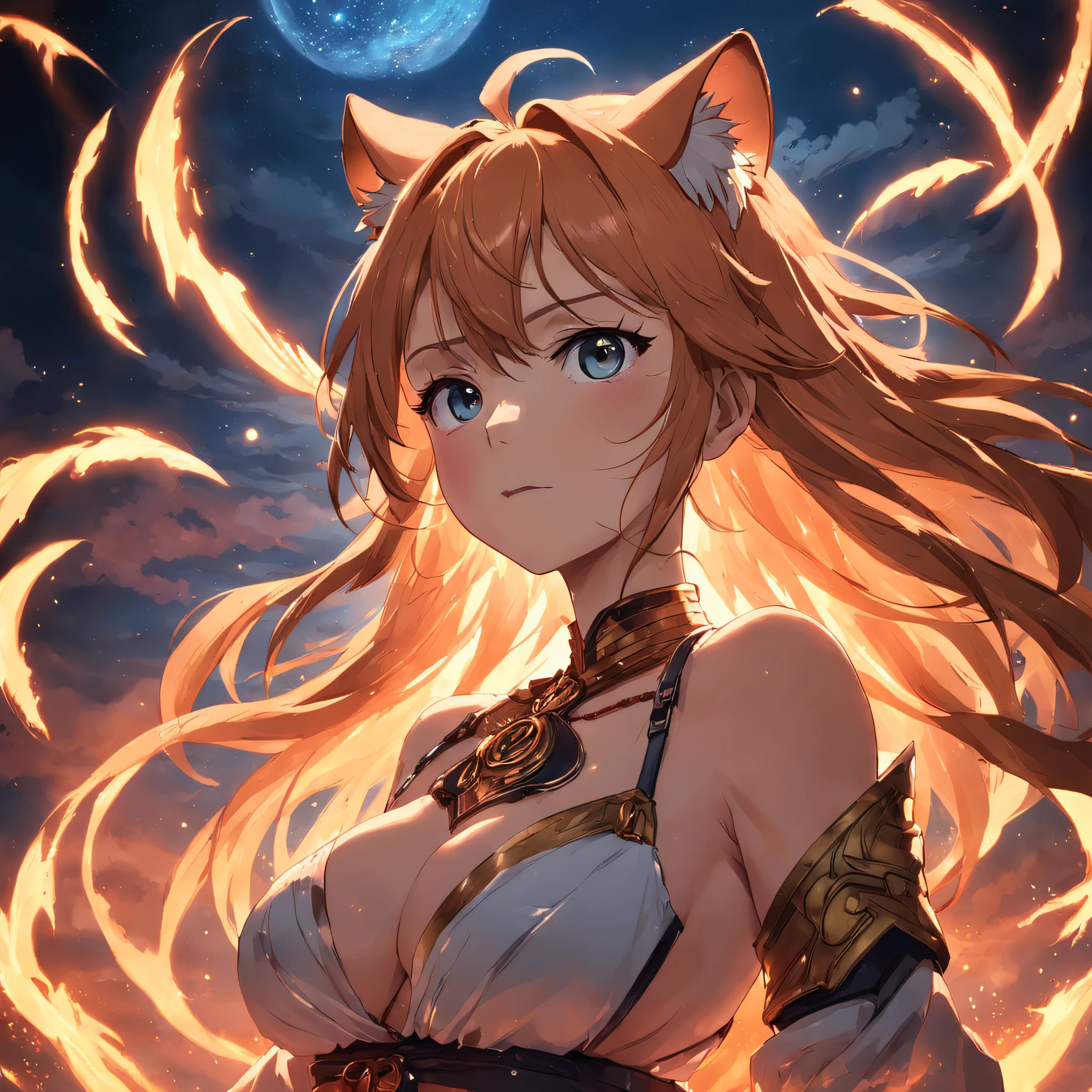 tmasterpiece，best qualtiy，cinematic Film still from，Tiger orcs，Floating in the sky，closeup cleavage，brightly，cheerfulness，Warm and soft lighting，the sunset，（spark of light：0.7），Fireworks bloom