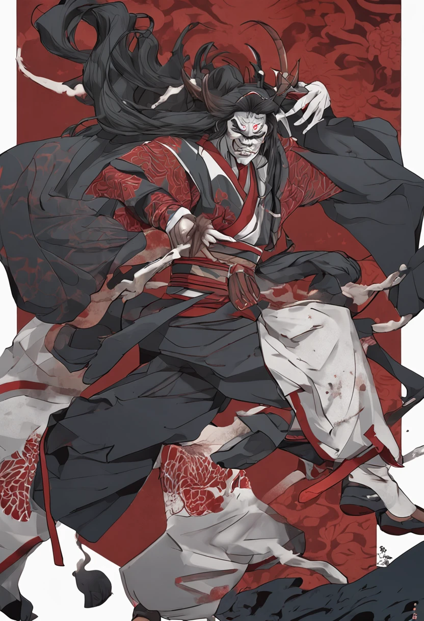 Kabukiza,Kabuki actor,ember,male people,Kime Pose,Long hair,Scary face,The background is the stage,a cool,realisitic,a picture,The whole body is in it,Eyes are not looking at the camera,full bodyesbian,