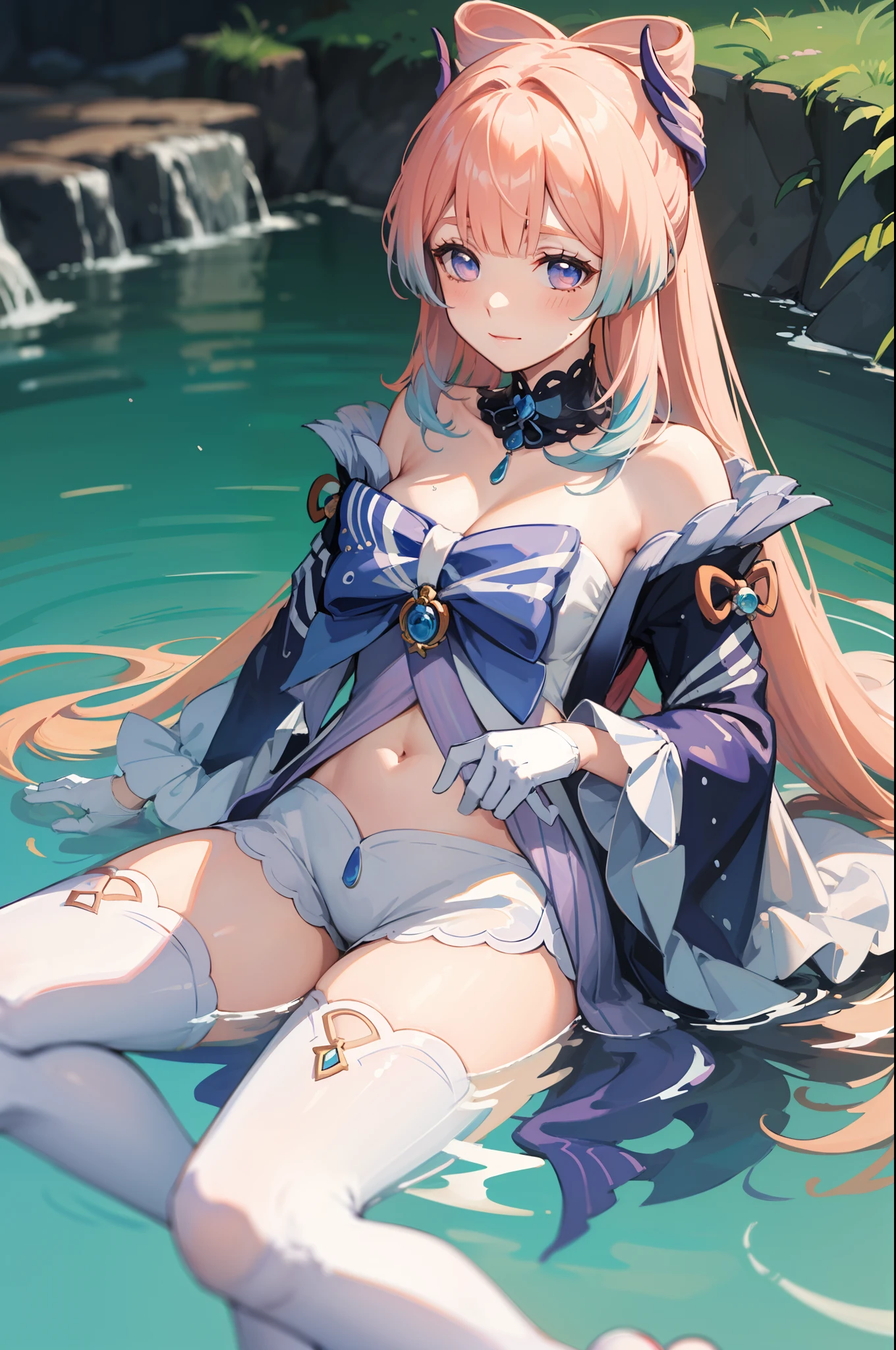 (Realistic painting style:0.9), masterpiece, best quality, absurdres, looking at viewer, solo, sangonomiya kokomi (sparkling coralbone), no pupils, sangonomiya kokomi, 1girl, solo, breasts, pink hair, thighhighs, gloves, bow-shaped hair, looking at viewer, cleavage, shorts, smile, water, blush, purple eyes, bangs, long hair, bare shoulders, white gloves, short shorts, white shorts, sitting, bow, navel, vision (genshin impact), frills, blunt bangs, detached collar, wet, multicolored hair, frilled sleeves, half gloves, white thighhighs, hair ornament, wide sleeves, bowtie, purple thighhighs, water drop, medium breasts, closed mouth, medium breasts, blue hair, thighs, dress, partially submerged, long sleeves, detached sleeves
