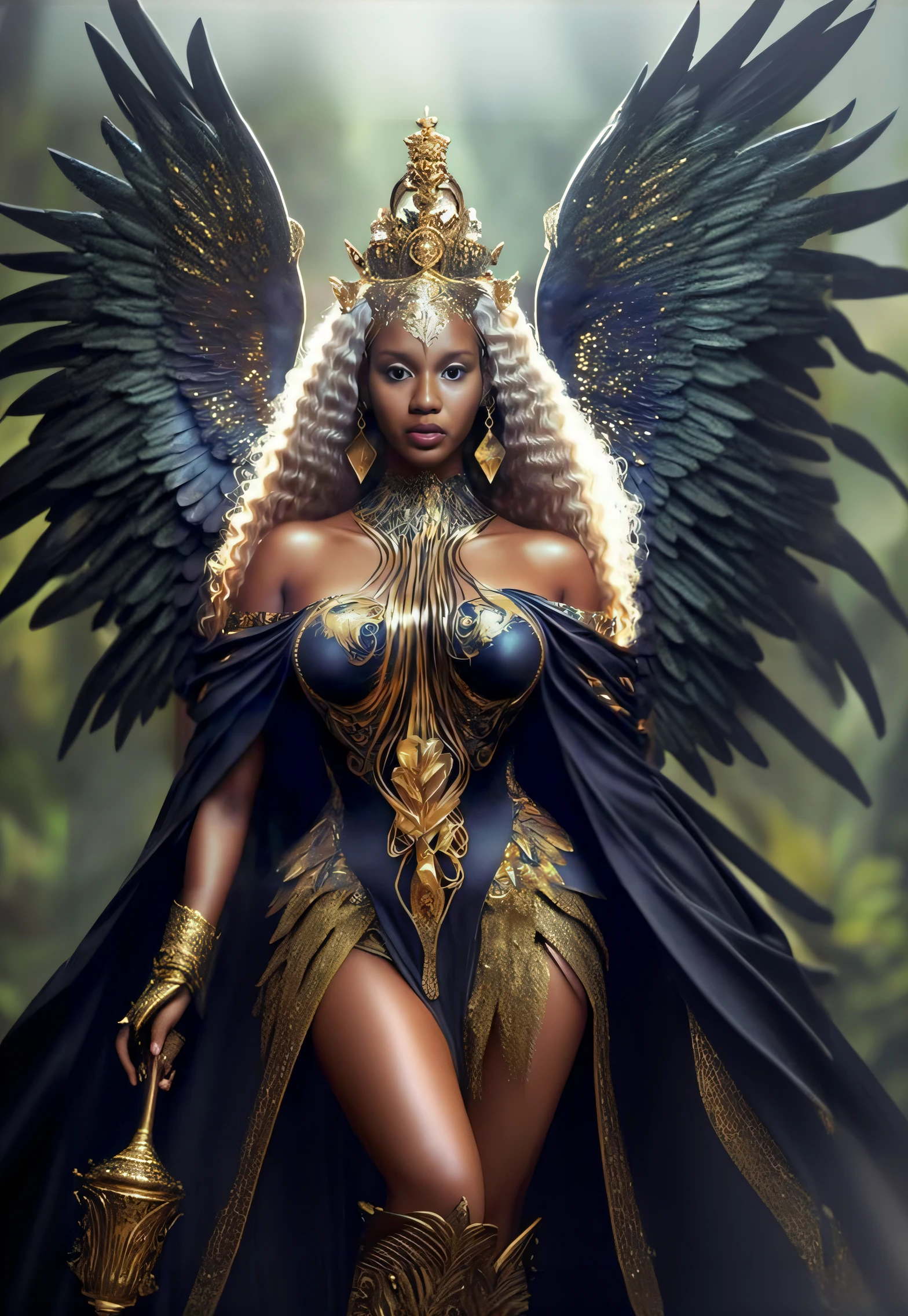 a woman with wings and a crown on her head, pele escura deusa feminina do amor, epic 3 d oshun, deusa. Detalhes extremamente altos, as a mystical valkyrie, uma bela imperatriz fantasia, Deusa Rainha, Um retrato impressionante de uma deusa, lord of change, Vilania tem asas de anjo negro, unreal engine render + uma deusa, 8k arte detalhada de alta qualidade