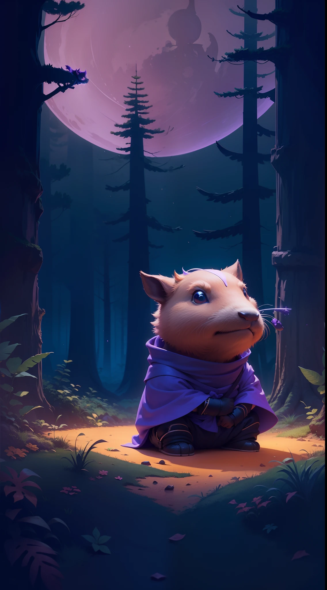 Create a vibrant dark fantasy cute ninja capybara in a clean-lined minimalistic cartoon style, in the background a beautiful forest and a bright purple moon, octane render, 8k