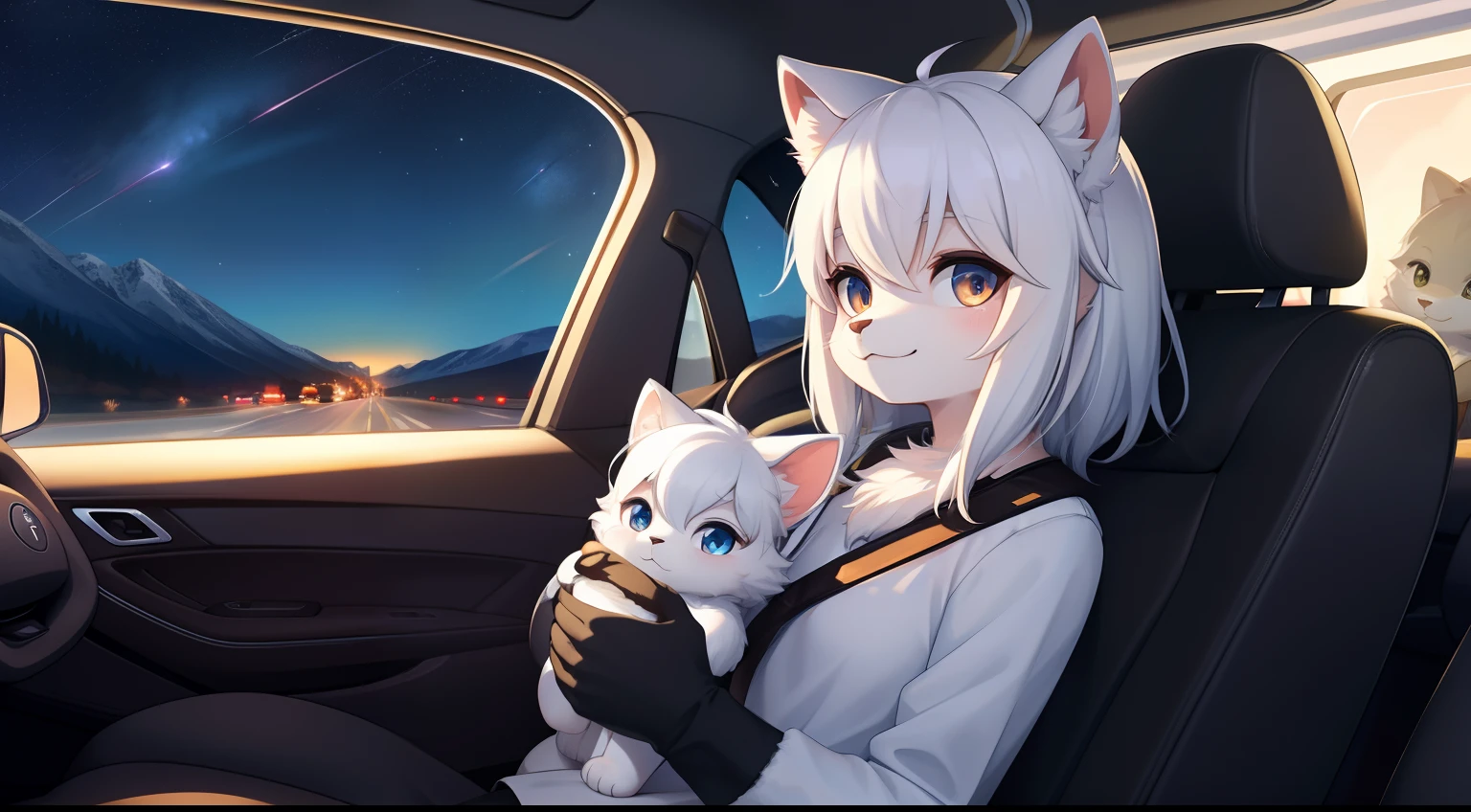 Furry mascot,Lovely image,A black cat,ember, Cute little animals fluffy,Furry Fur,Cute little animals,Fluffy tail,White hair,Driving,Sitting alone in the car,Reclining in a chair,View from the car window,High speed on,full of lights,Cubs,is in night,nigh sky, stars,Close-up of cute characters,Hands on the steering wheel,Look ahead