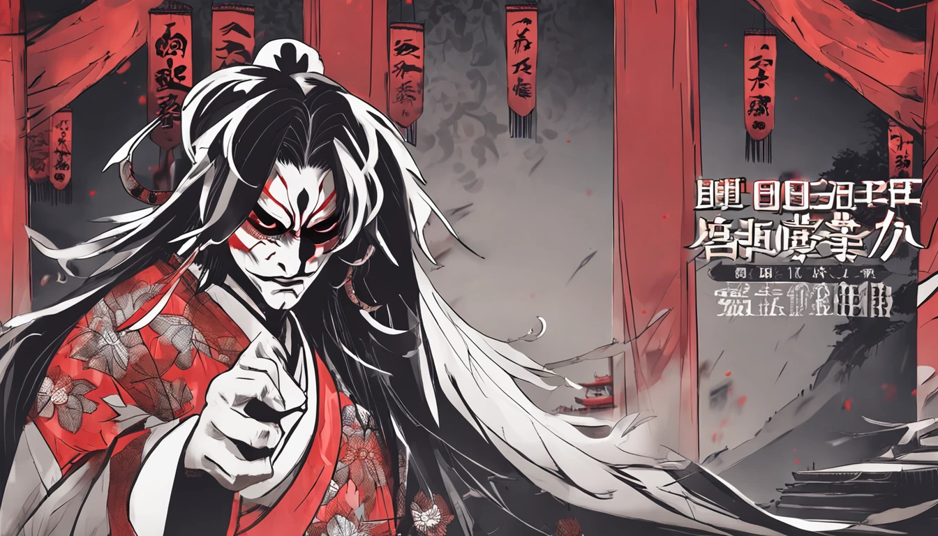 Kabukiza,Kabuki actor,ember,male people,Kime Pose,Long hair,Scary face,The background is the stage,a cool,realisitic,a picture,The whole body is in it,Eyes are not looking at the camera,