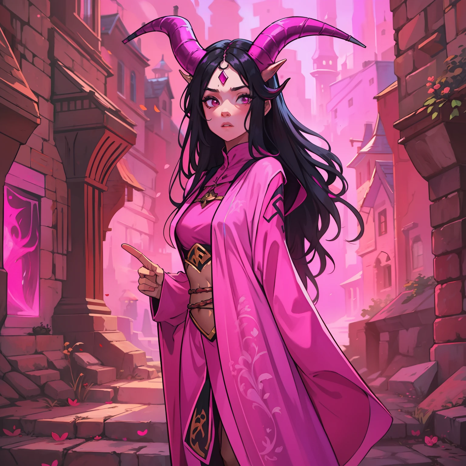 A beautiful pink-skinned woman pink as a pink-skinned imp with long black hair that goes all the way to the ground Make her like a sorceress in a setting filled with magic and mystery A character for medieval RPG She must be wearing medieval robes covering her body like a mage She must wear a medieval costume Her skin is pink pink as an avatar horns and pointed tail skin pink skin pink skin pink small horns