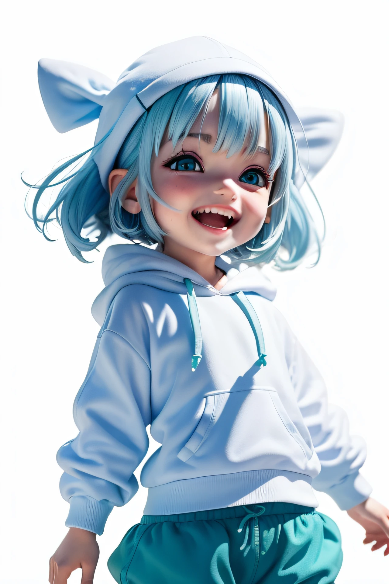 , laughing, blue short hair, white hoodie, cropped pants, white hair accessory, white background, green eyes
