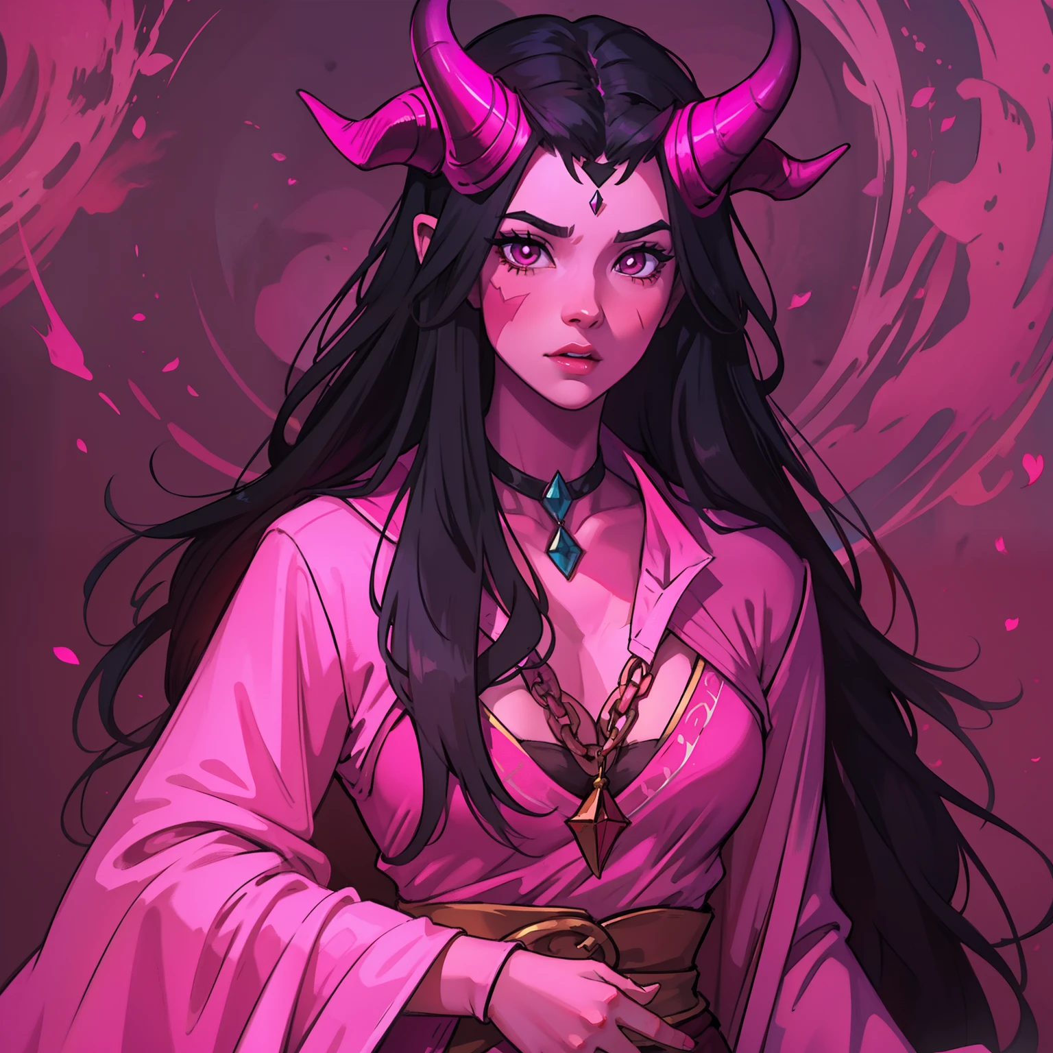 A beautiful pink-skinned woman pink as a pink-skinned devil with long black hair that goes all the way to the ground Make her like a sorceress in a setting filled with magic and mystery A character for medieval RPG she must be wearing medieval robes covering her body like a mage She must wear a medieval costume Her skin is pink pink as an avatar horns and pointed tail as a demon pink skin pink skin pink skin small horns