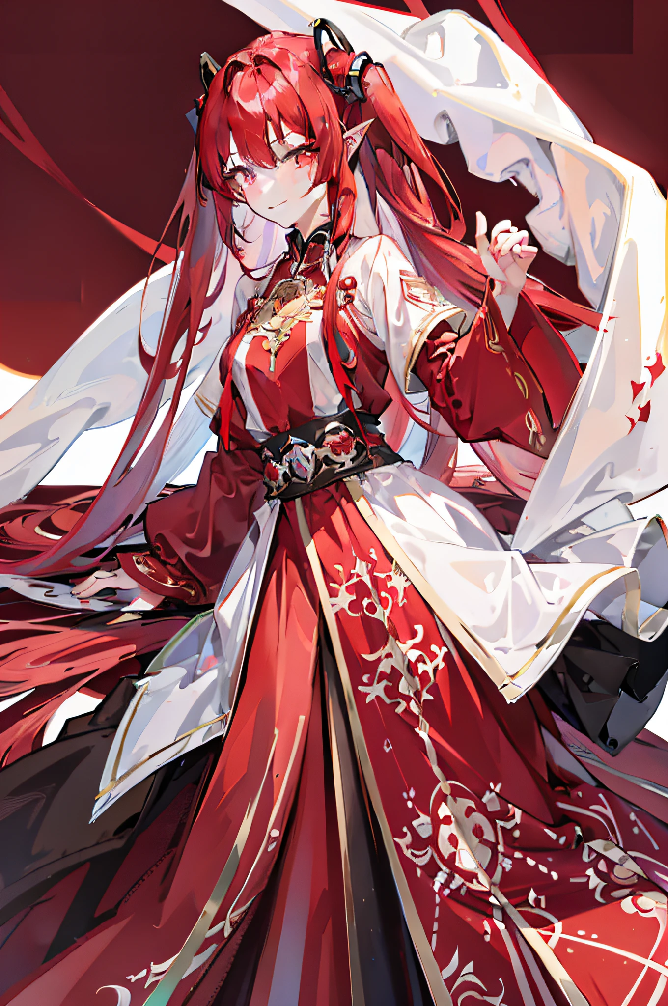 Red hair, Very long hair, Moles under eyes, Glowing eyes, Seductive smile, Anime style, hyper HD, Anatomically correct, Super detail, A high resolution, 8K,exquisite facial features,s the perfect face,adolable