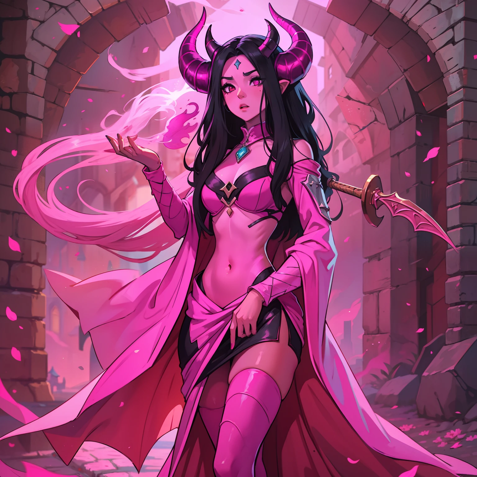 A beautiful pink-skinned woman pink as a pink-skinned devil with long black hair that goes all the way to the ground Make her like a sorceress in a setting filled with magic and mystery A character for medieval RPG she must be wearing medieval robes covering her body like a mage She must wear a medieval costume Her skin is pink pink as an avatar horns and pointed tail as a demon pink skin pink skin pink skin small horns