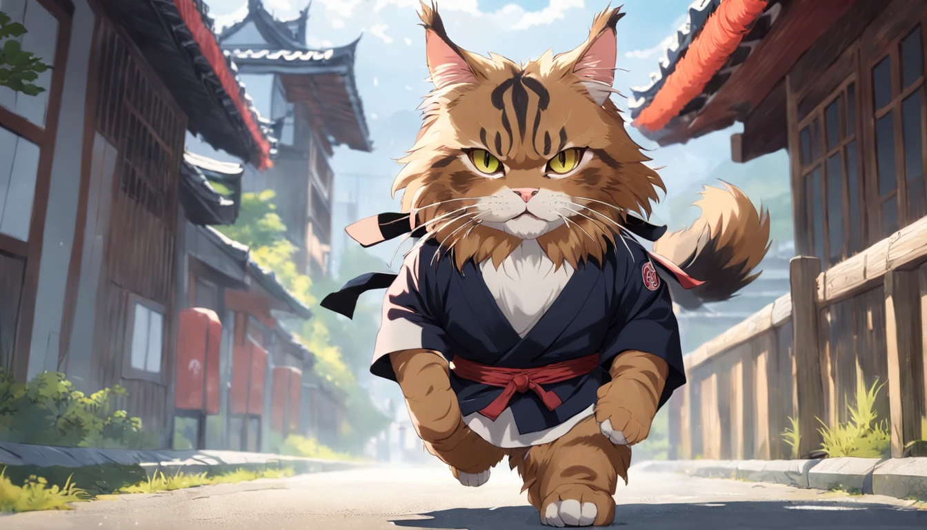 A Maine Coon cat is wearing a black belt karate outfit is in Kuma no Kamai on a road and towards him is coming running a giant stone golem