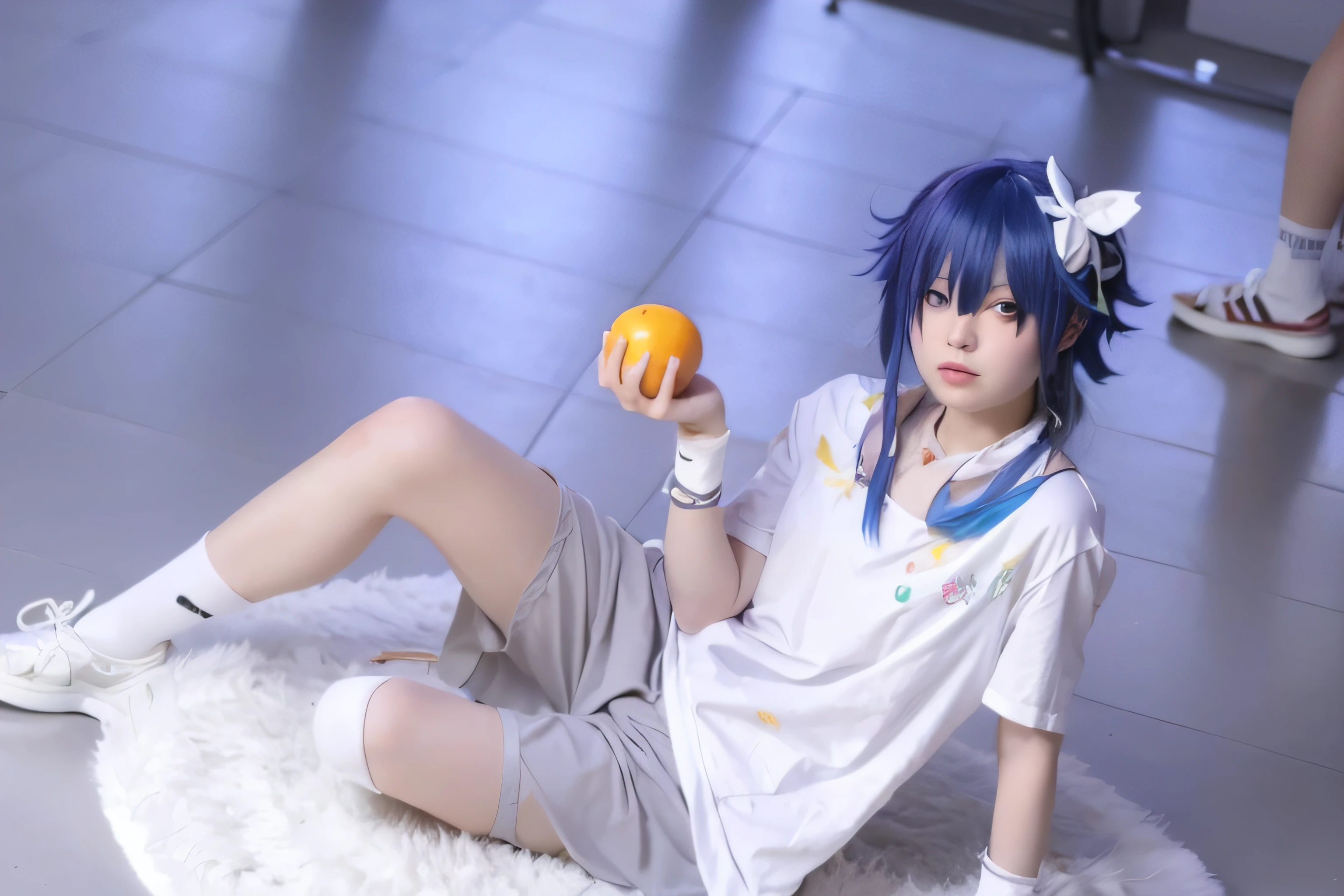 Anime girl with blue hair sitting on the floor holding an orange, Anime cosplay, 2 d anime style, 2d anime, Anime girl cosplay, Also, cosplay, professional cosplay, rei hiroe, cosplay foto, anime figure; Full-body art, anime-inspired, full-cosplay, Keqing from Genshin Impact, with index finger, 2d from gorillaz