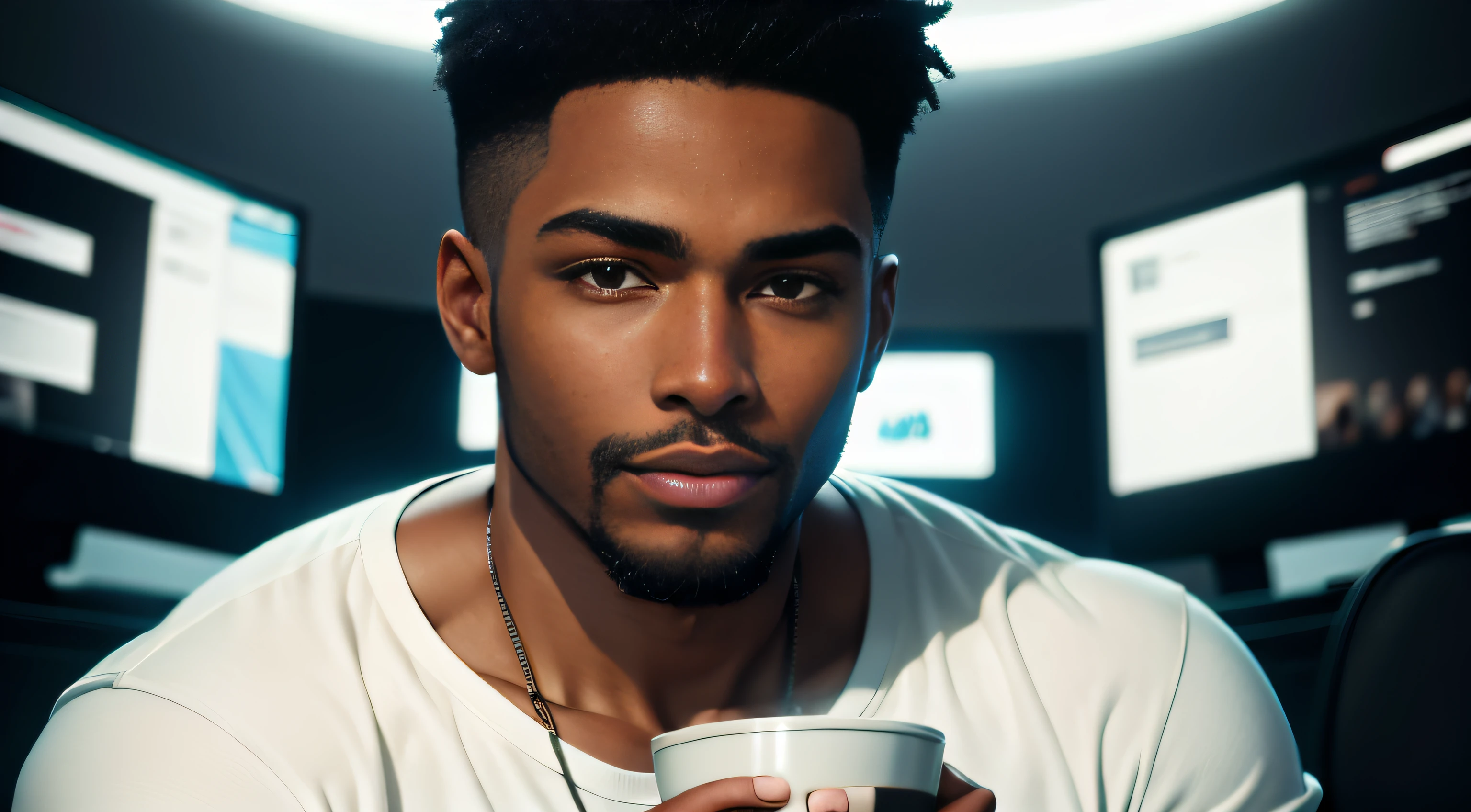(ung black man),The face of this young black youtuber is expressive and striking, with strong features and a confident expression. His skin is well groomed and his short, well-made beard complements his modern and cool look. His dark eyes are piercing and convey mystery and suspense, which helps create an atmosphere of tension in his videos of urban legends. His posture is relaxed and secure, which shows his confidence in front of the cameras and contributes to creating a strong connection with his audiencebetter quality, high detail, incredibly delicate and beautiful illustration He is wearing an ordinary red T-shirt and jeans, which reflect his practical and cool style. Its leather strap adds a touch of style to its simple, relaxed look. His short black hair, short beard and light brown eyes catch the attention of his followers, while he holds a cup of hot coffee in one hand and a microphone in the other. He is focused and determined to create quality content for his audience while keeping his posture safe and relaxed, which contributes to creating a strong connection with his followers. In short, he's a successful YouTuber, known for his exciting and engaging urban legends, and his stripped-down style adds a personal touch to his content. High quality 4k image