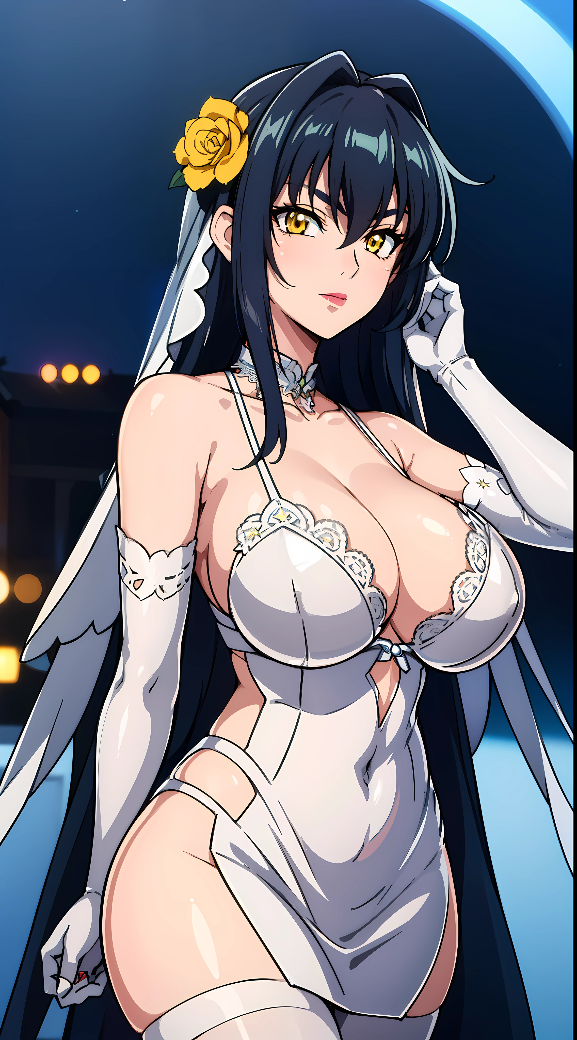 a blue background with stars and snowflakes,
Standing at attention,
wedding dress,  yellow and white dress with flowers, cleavage cutout, cleavage ,white_flower,elbow_gloves, flower, gloves,blue_ribbon, blue_rose,
bridal veil, bride,White_lace_pantyhose, 
black hair,very long hair, Bangs,yellow eyes,makeup, lipstick, 
1 girl, 20yo,mature female,Beautiful Finger,Beautiful long legs,Beautiful body,Beautiful Nose,Beautiful character design, perfect eyes, perfect face,
looking at viewer,
NSFW,official art,extremely detailed CG unity 8k wallpaper, perfect lighting,Colorful, Bright_Front_face_Lighting,
(masterpiece:1.0),(best_quality:1.0), ultra high res,4K,ultra-detailed,
photography, 8K, HDR, highres, absurdres:1.2, Kodak portra 400, film grain, blurry background, bokeh:1.2, lens flare, (vibrant_color:1.2)
(Beautiful,large_Breasts:1.4), (beautiful_face:1.5),(narrow_waist),