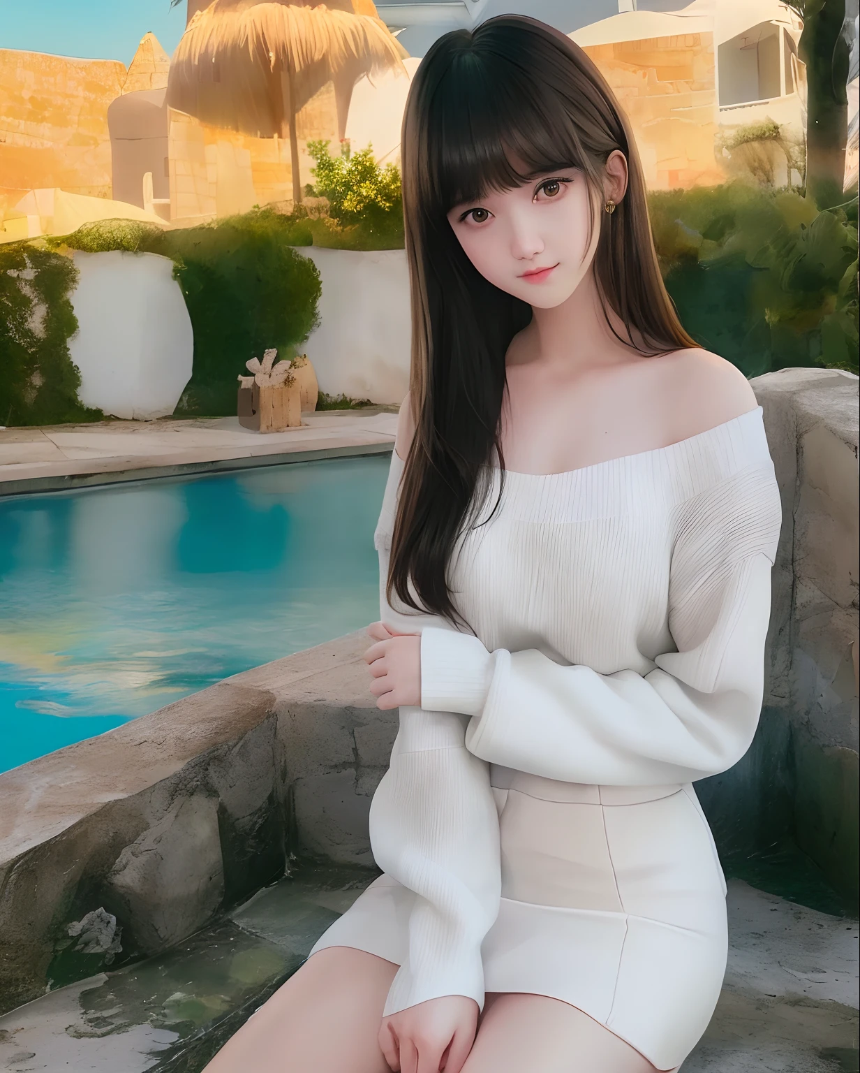 pureerosface_v1, best quality, photorealistic, 8k, high res, 1girl, woman, (skindentation), (portrait:0.6), gorgeous, dynamicpose, ((poolsidebackground:1.6)), coconut tree, ((mediumsize roundbreast, white highnecksweater:1.4)), straight-looking at viewer:1.8, (1girl eyes looking at viewer, medium-length hair, brownhair, partedbangs:1.65), (bokeh), smile:1.2, (closed mouth:1.16),