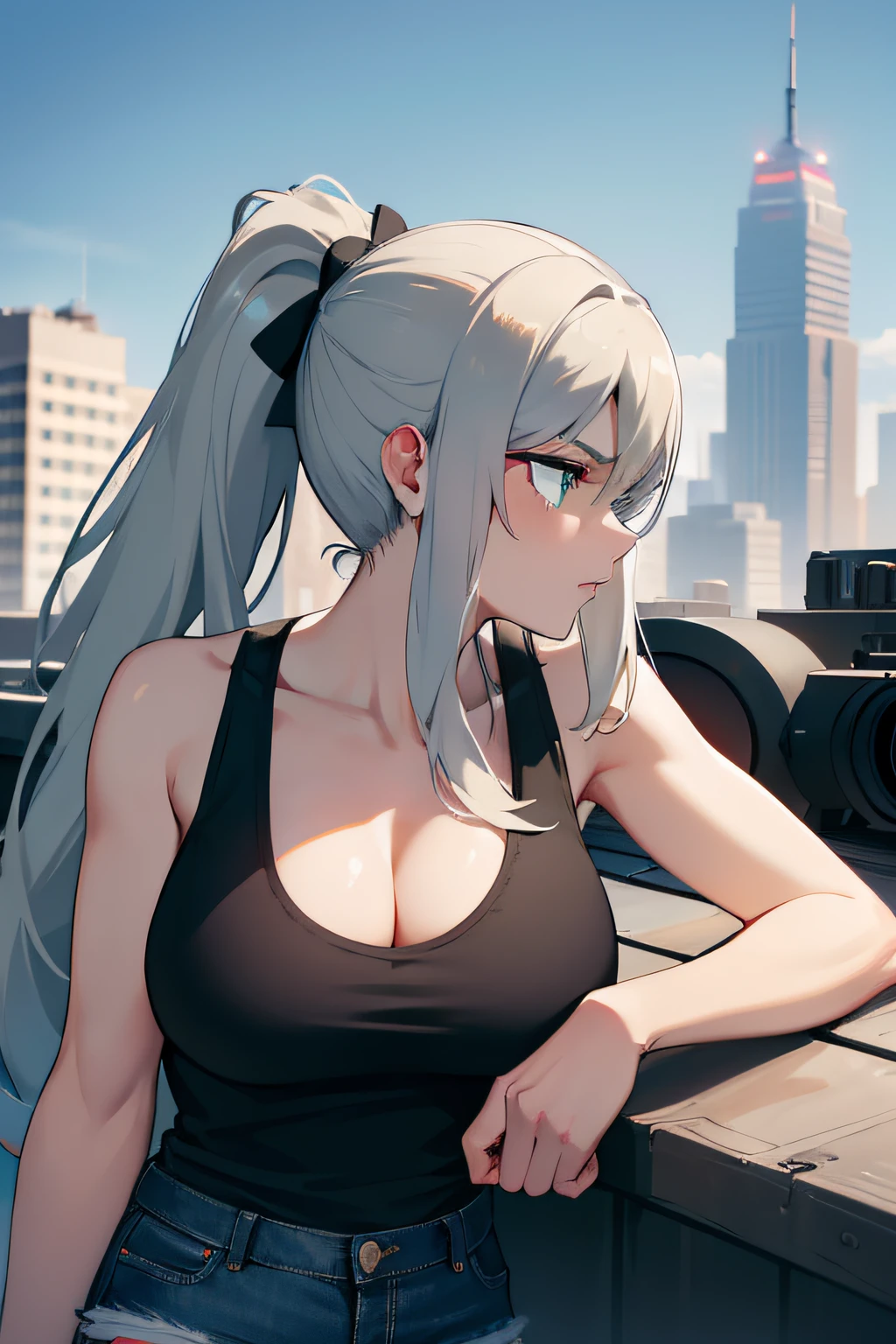 1woman, large chest, long silver hair, high ponytail, sharp green eyes, sniper, black tank top and short denim, city daylight, on a rooftop, looking away, profile face, absurdres, high res, ultrasharp, 8K, masterpiece