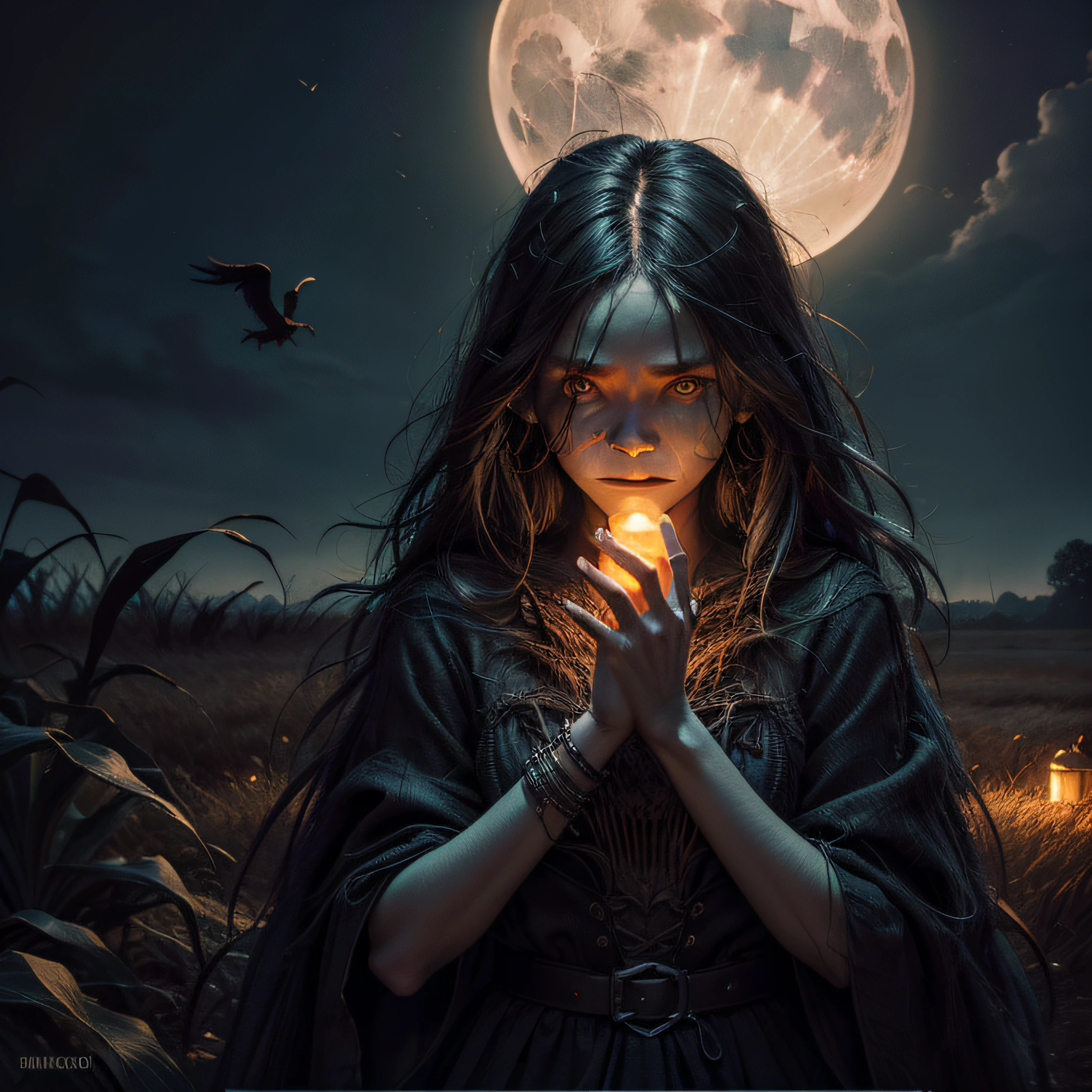 "(Highest picture quality), (Prioritizing the exceptional image quality and astonishing level of detail), generate an awe-inspiring (photorealistic:1.1) evil scarecrow, scary, horror, night, skinny, stick hands, moonlight, hay, cornfield, crows, fall, pumpkins, Sharp focus, render, octane, detail, award-winning photography, masterpiece, rim lighting."