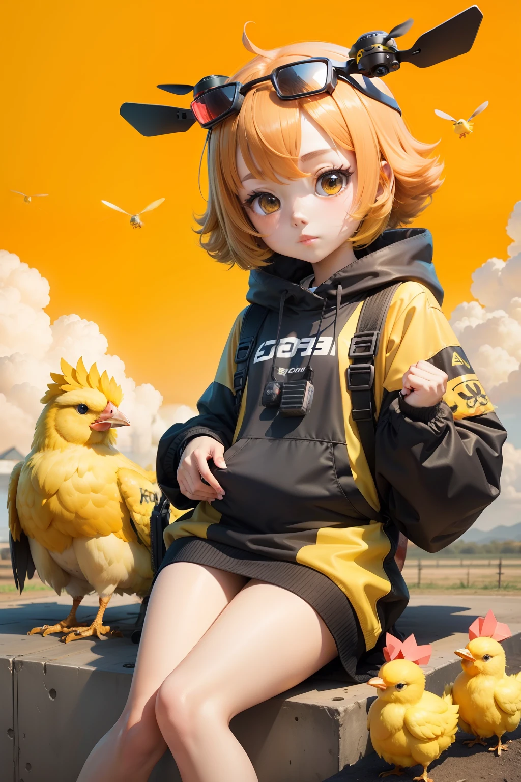 Drones and cute little yellow chickens anime style