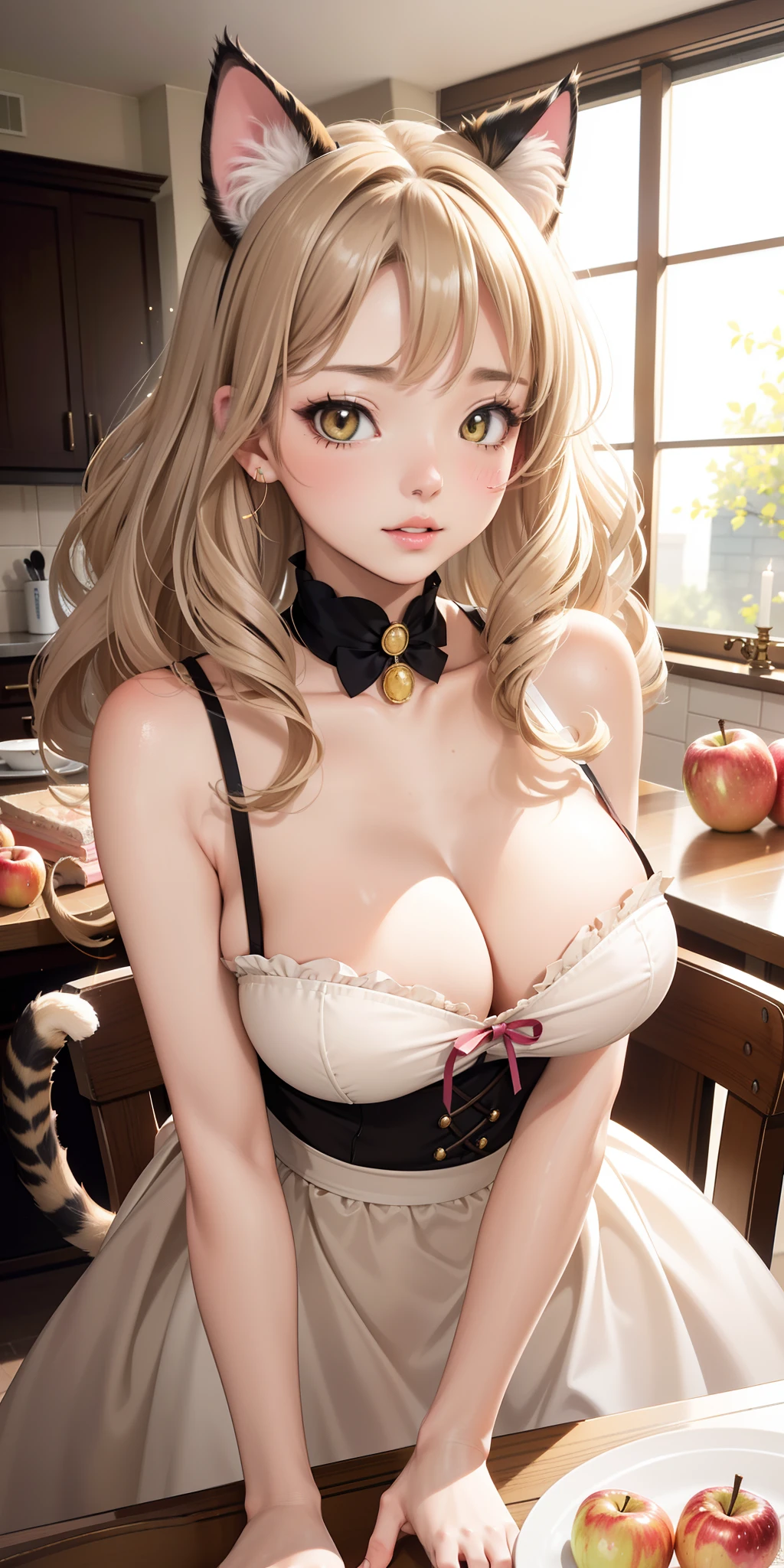 Big breasts (masterpiece), (((1 cat girl))) ((beige hair)) ((wavy hair)) extremely sexy body, best quality, high resolution, highly detailed, detailed background, perfect lighting, body extremely sexy, 1girl, maid, ( (((perfect face)))) pink lips, parted lips, charming sparkler, feminine charm, she's in love, cat ears, big breasts, caramel apple, kitchen, table, chair,
