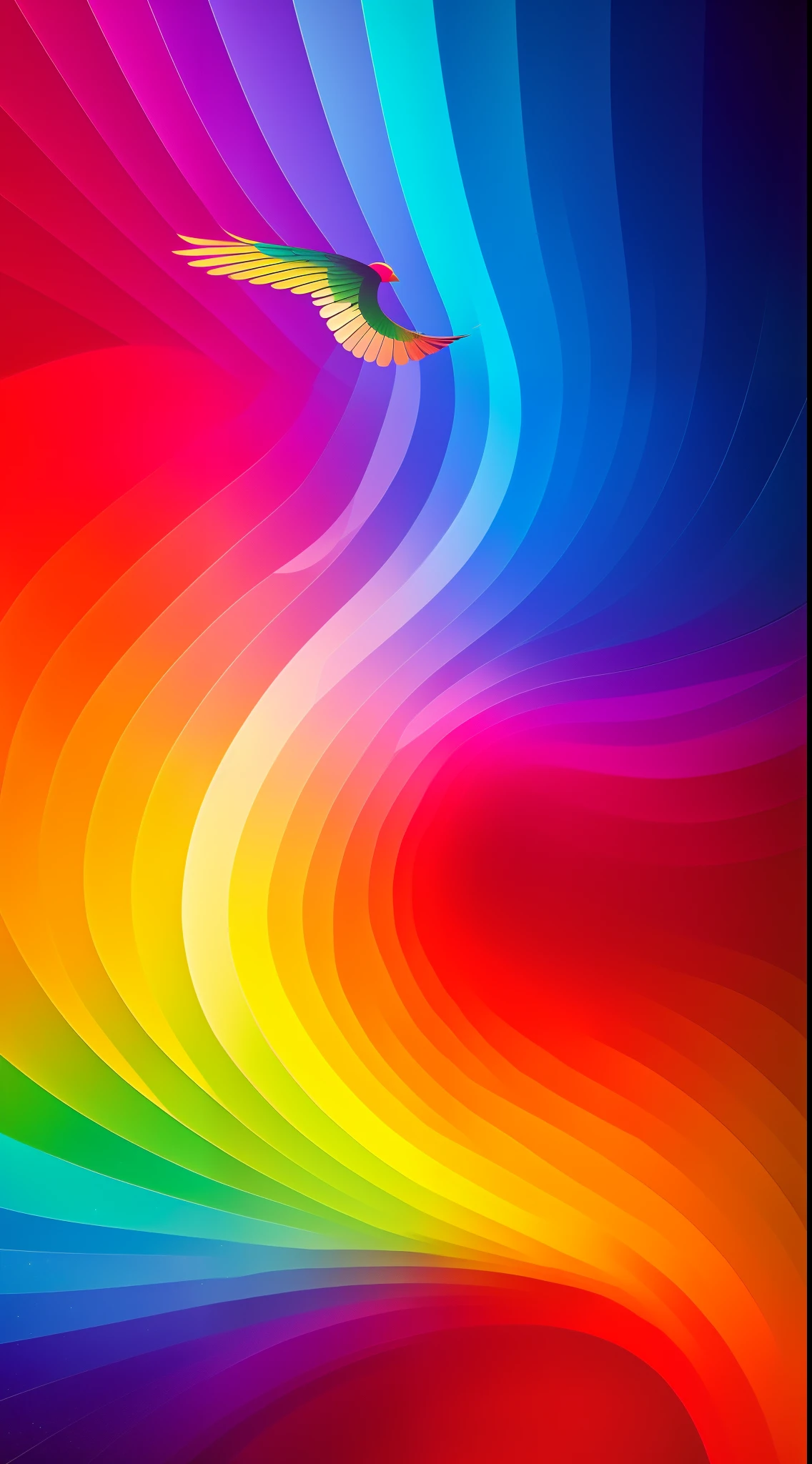 A gentle and beautiful rainbow bird flew tired，Stop on a reddish cloud，rainbowing，A gentle breeze blows through its soft feathers，Morrison light and shadow style